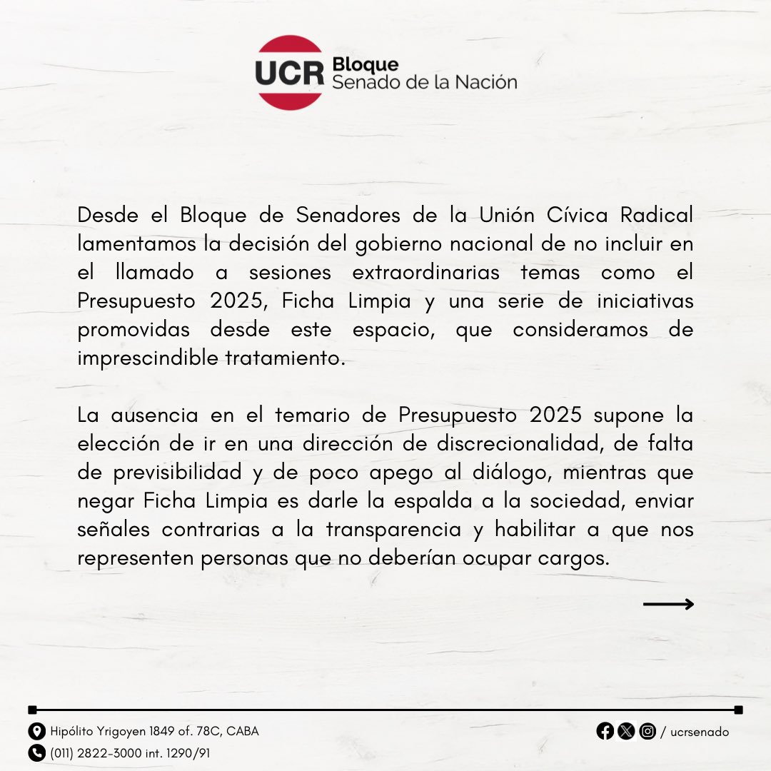 blancopabloda's tweet photo. Desde el Bloque de Senadores de la UCR exigimos la ampliación del temario de sesiones extraordinarias. Es imprescindible discutir el presupuesto y sumar temas que están listos para ser aprobados y son de gran interés para la gente. El gobierno no puede darles la espalda. https://t.co/Bji1EslqSW