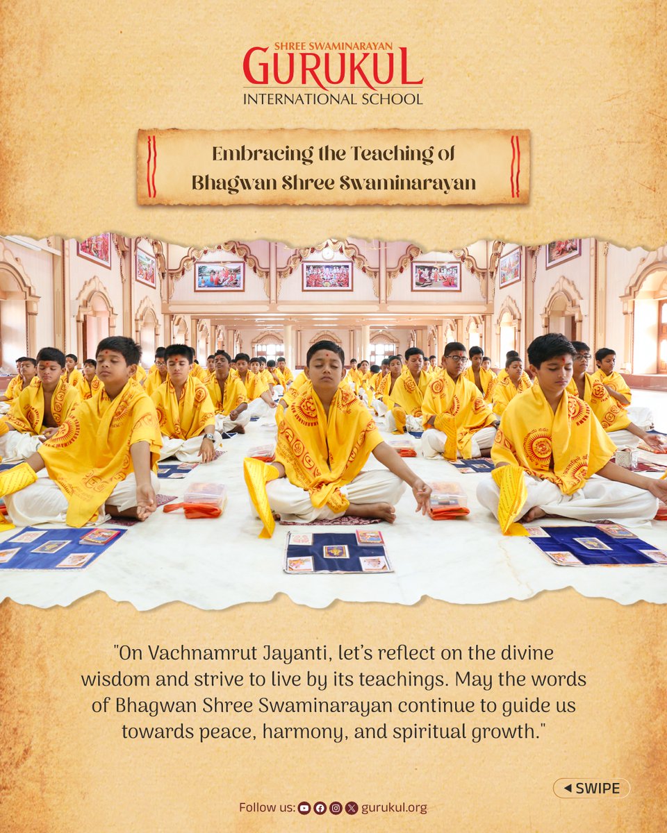gurukul_org's tweet photo. Let us immerse ourselves in the timeless wisdom of the Vachanamrut, where Bhagwan Swaminarayan unveiled the essence of spirituality. 🙏

For More: https://t.co/DHuiY5UIdK

#vachnamrut #gurukul #Swaminarayan #scripture https://t.co/y274aPWX8T