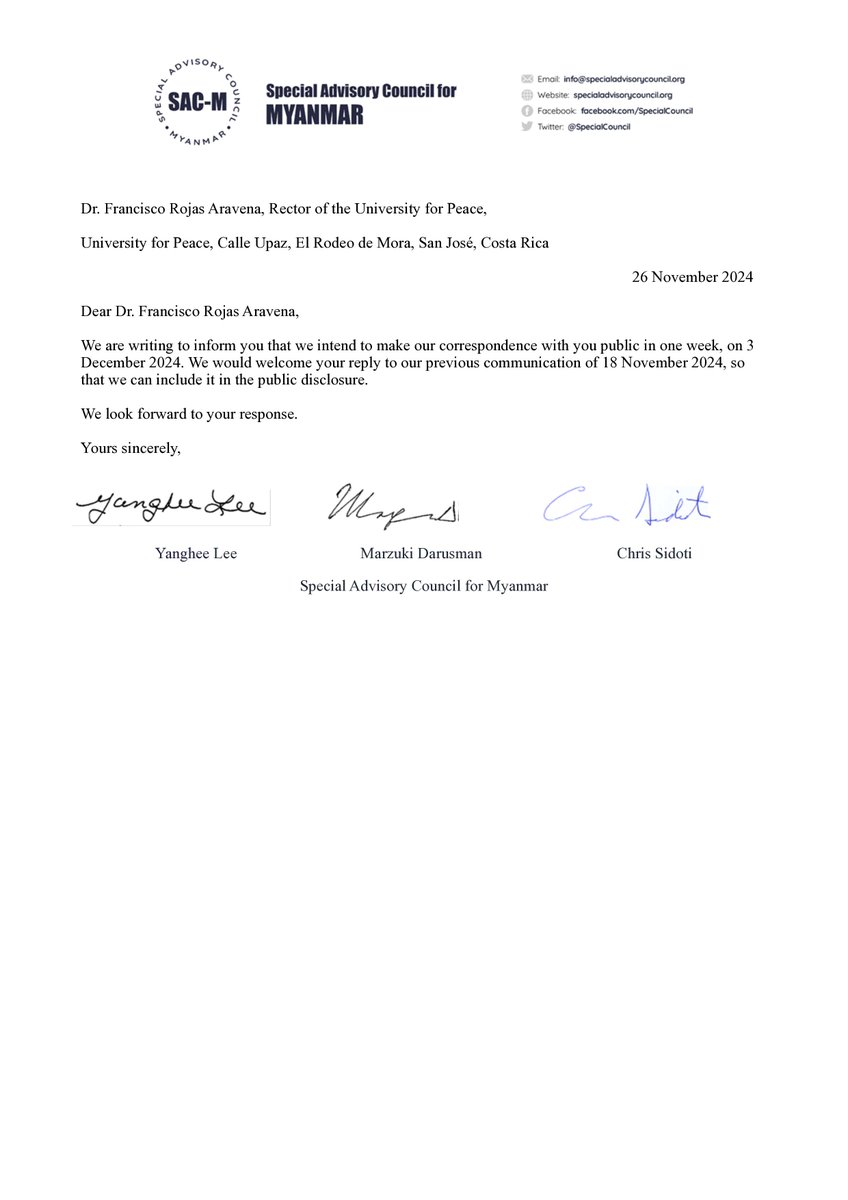 Special Advisory Council for Myanmar (@specialcouncil) on Twitter photo SAC-M sent the following letters to <a href="/UPEACE/">University for Peace</a> Rector Dr Aravena seeking an explanation for UPEACE’s decision to hold a 2-day training on “peaceful coexistence & cultural diversity” w/ "ministries" of the criminal #Myanmar junta in NPT last month
UPEACE's responses are included 1/2 SAC-M sent the following letters to <a href="/UPEACE/">University for Peace</a> Rector Dr Aravena seeking an explanation for UPEACE’s decision to hold a 2-day training on “peaceful coexistence & cultural diversity” w/ "ministries" of the criminal #Myanmar junta in NPT last month
UPEACE's responses are included 1/2