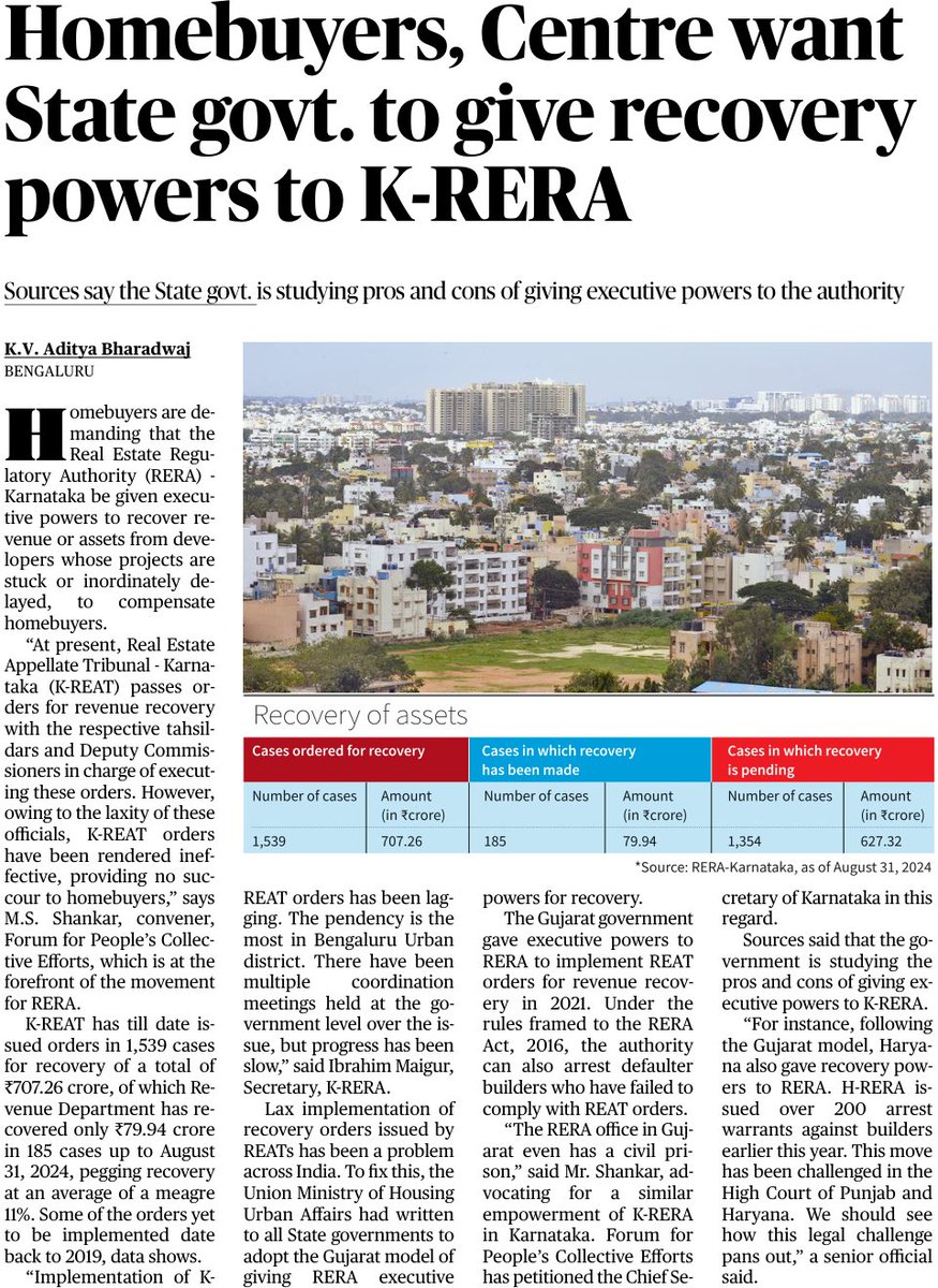 thehindu.com/news/cities/ba…

"K RERA has not taken any stringent actions, where K RERA’s own judgements are not honored by the Erring Builders and developers. There are many provisions in the Central RERA Act, like hefty penalty on daily basis, revoking the RERA Registration, denying