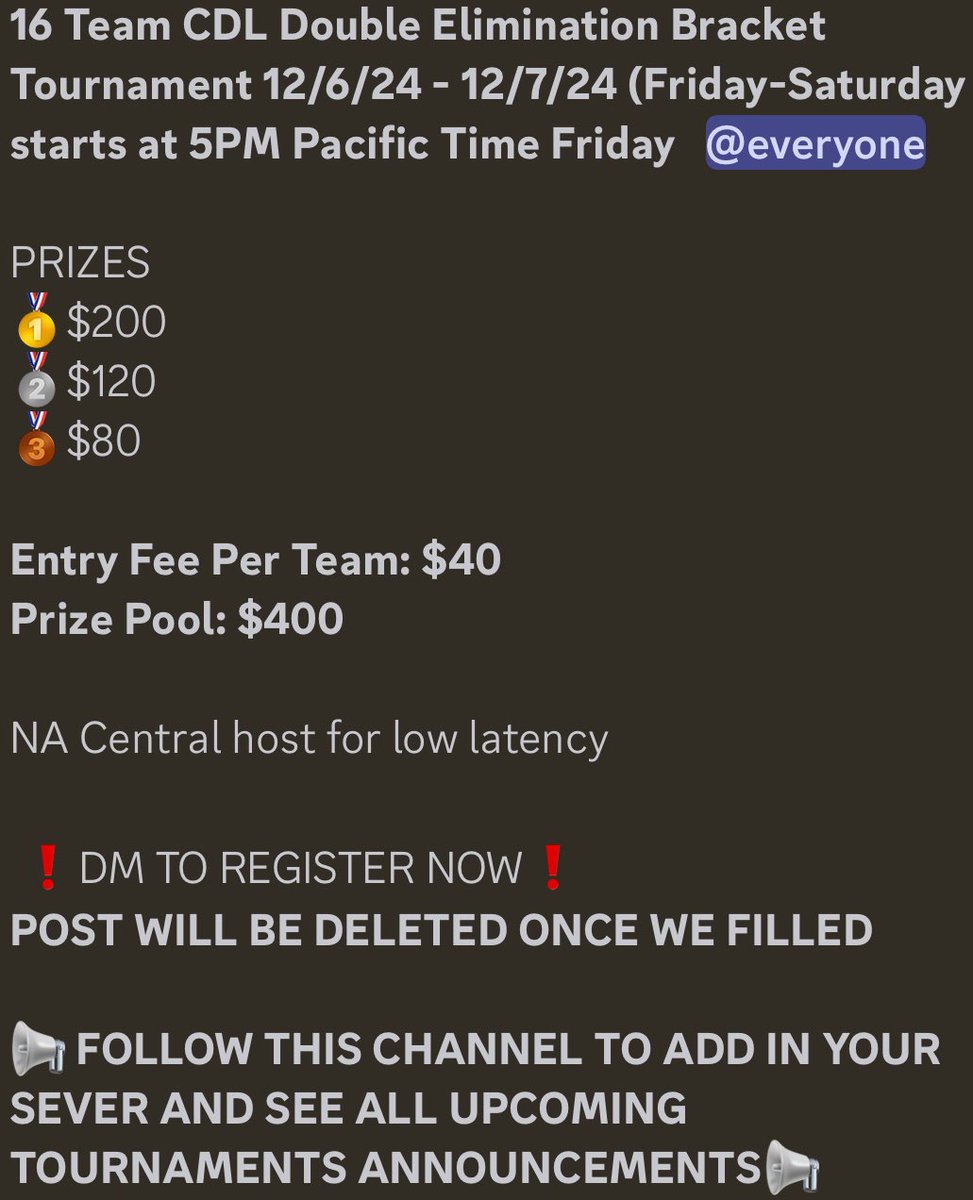 bo6syfr's tweet image. UPCOMING TOURNAMENT, DM TO REGISTER 📩🔥
Join Discord for more details and rules.

discord.gg/tr2cfJeZqS

Prizes:
🥇$200
🥈$120
🥉$80

#codcdl #cod #bo6