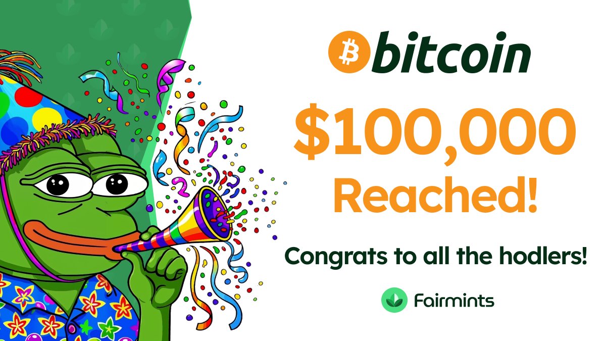 fairmints's tweet photo. #bitcoin reached $100,000! 🥳

Congrats to all believers - and to all haters - who helped Bitcoin unlock the next level 🚀

The only right question now:

Will we reach $200,000 in 2024 or 2025? 👀 https://t.co/zt1c6vldSo