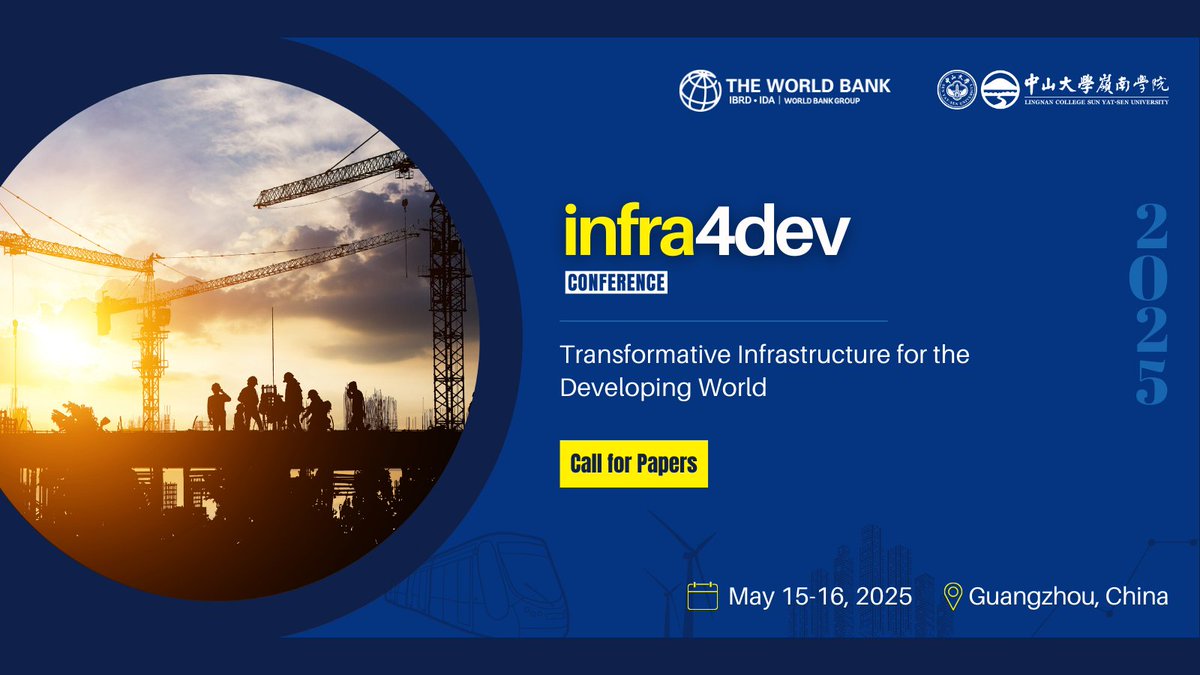 WBG_Digital's tweet photo. 📢 OPPORTUNITY
Be part of #Infra4Dev 2025! 🌍 Share your research on the transformative impacts of infrastructure in the developing world.
🗓️ Deadline: December 31, 2024
➡️ Submit your papers: https://t.co/4d5PNjkf5Z https://t.co/JohA4iZ6pK