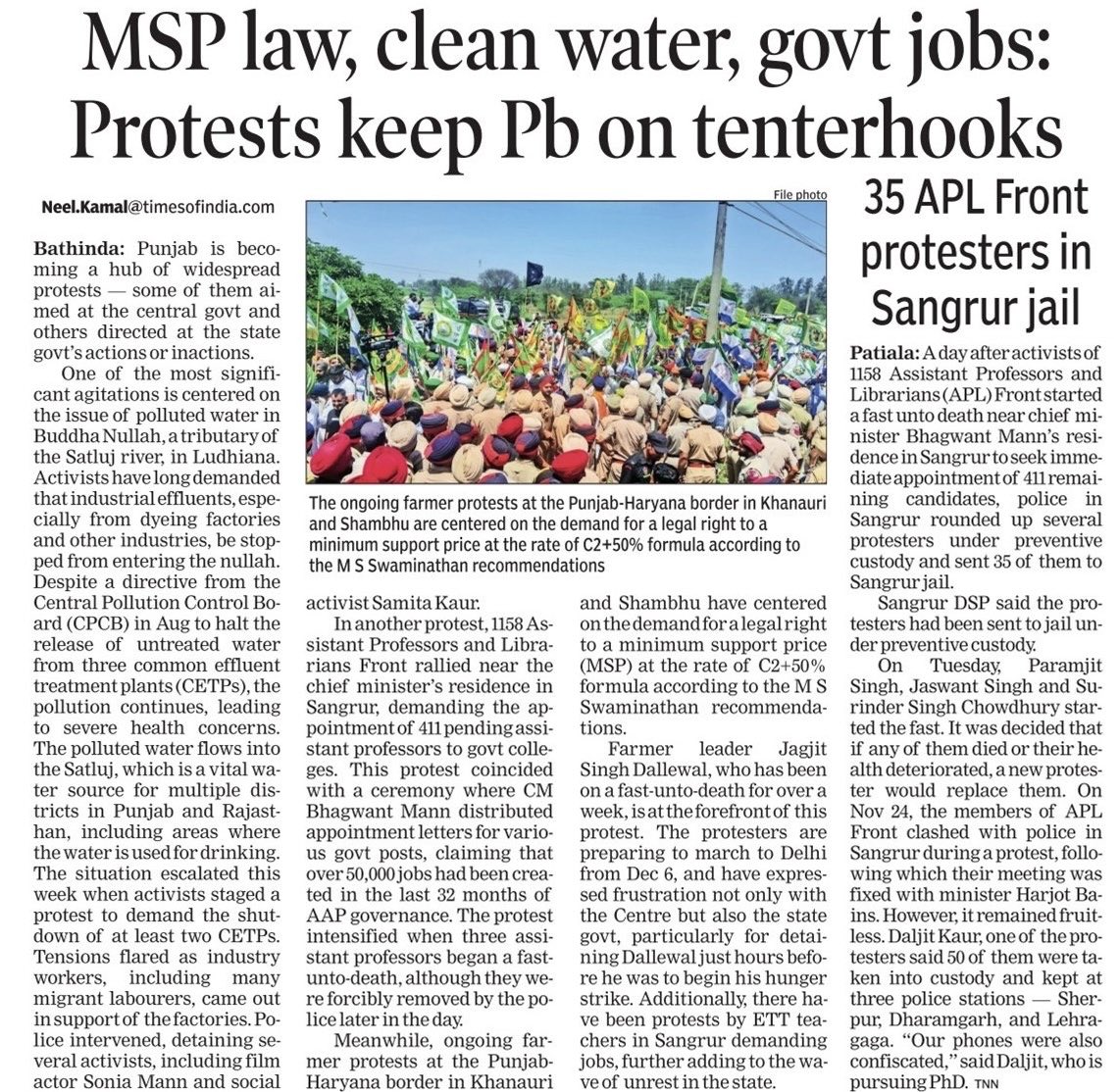 NeelkamalTOI's tweet photo. #WaterPollution #AppointProfs #MSPLaw all sorts of protests keeping #Punjab on tenterhooks these days https://t.co/4UUtyLDrDw