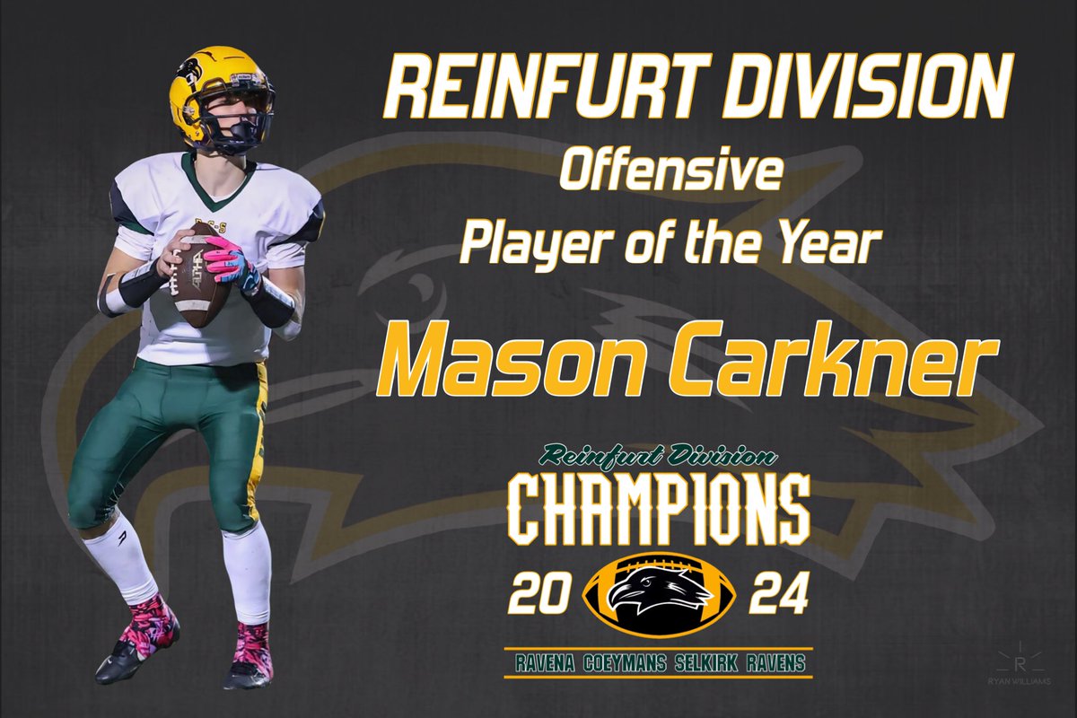 RavenaFootball's tweet photo. Congratulations to the following 
Reinfurt Division Offensive Player of the Year - Jr. Mason Carkner 

Reinfurt Division Defensive Player of the year - Sr. Ethan Green (2X) https://t.co/dlvEye21yO