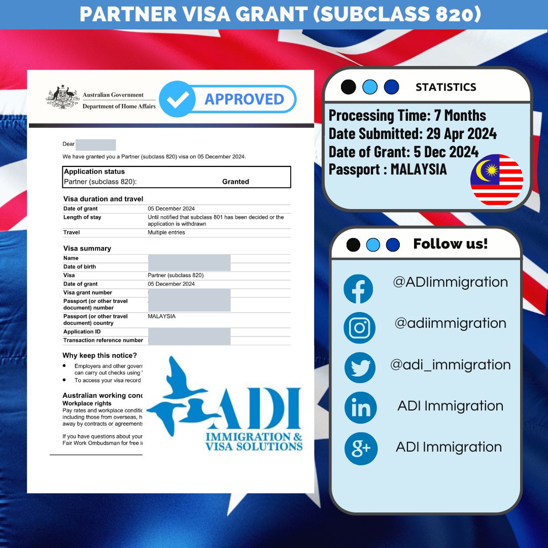 adi_immigration's tweet image. Congratulations on your Subclass 820 Visa grant! From Malaysia to Australia#Subclass820 #VisaGrant #ADIImmigration #AustraliaVisa #PartnerVisa #VisaSuccess #MalaysiaToAustralia #MigrationJourney #VisaApproved #TeamADI #AustraliaBound #NewBeginnings #ImmigrationExperts