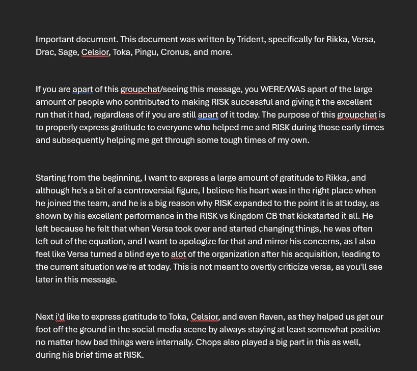 TheTrueTrident's tweet photo. The new RISK situation.

Starting off, the problem that stirred up all of this &amp; Versa's pushback was a farewell document I made, and only sent to a few people. that message is now attached within this tweet. Sorry if the images are out of order 1/7 https://t.co/gGm0MA8R3f