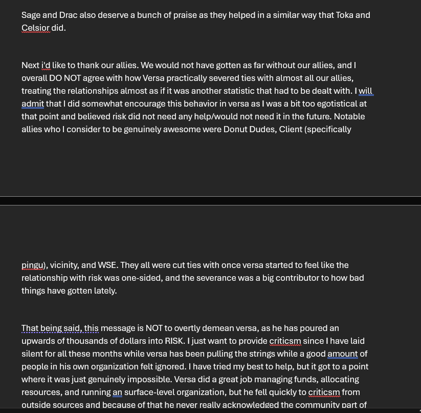 TheTrueTrident's tweet photo. The new RISK situation.

Starting off, the problem that stirred up all of this &amp; Versa's pushback was a farewell document I made, and only sent to a few people. that message is now attached within this tweet. Sorry if the images are out of order 1/7 https://t.co/gGm0MA8R3f