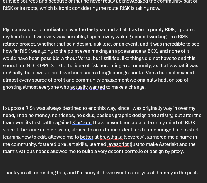 TheTrueTrident's tweet photo. The new RISK situation.

Starting off, the problem that stirred up all of this &amp; Versa's pushback was a farewell document I made, and only sent to a few people. that message is now attached within this tweet. Sorry if the images are out of order 1/7 https://t.co/gGm0MA8R3f