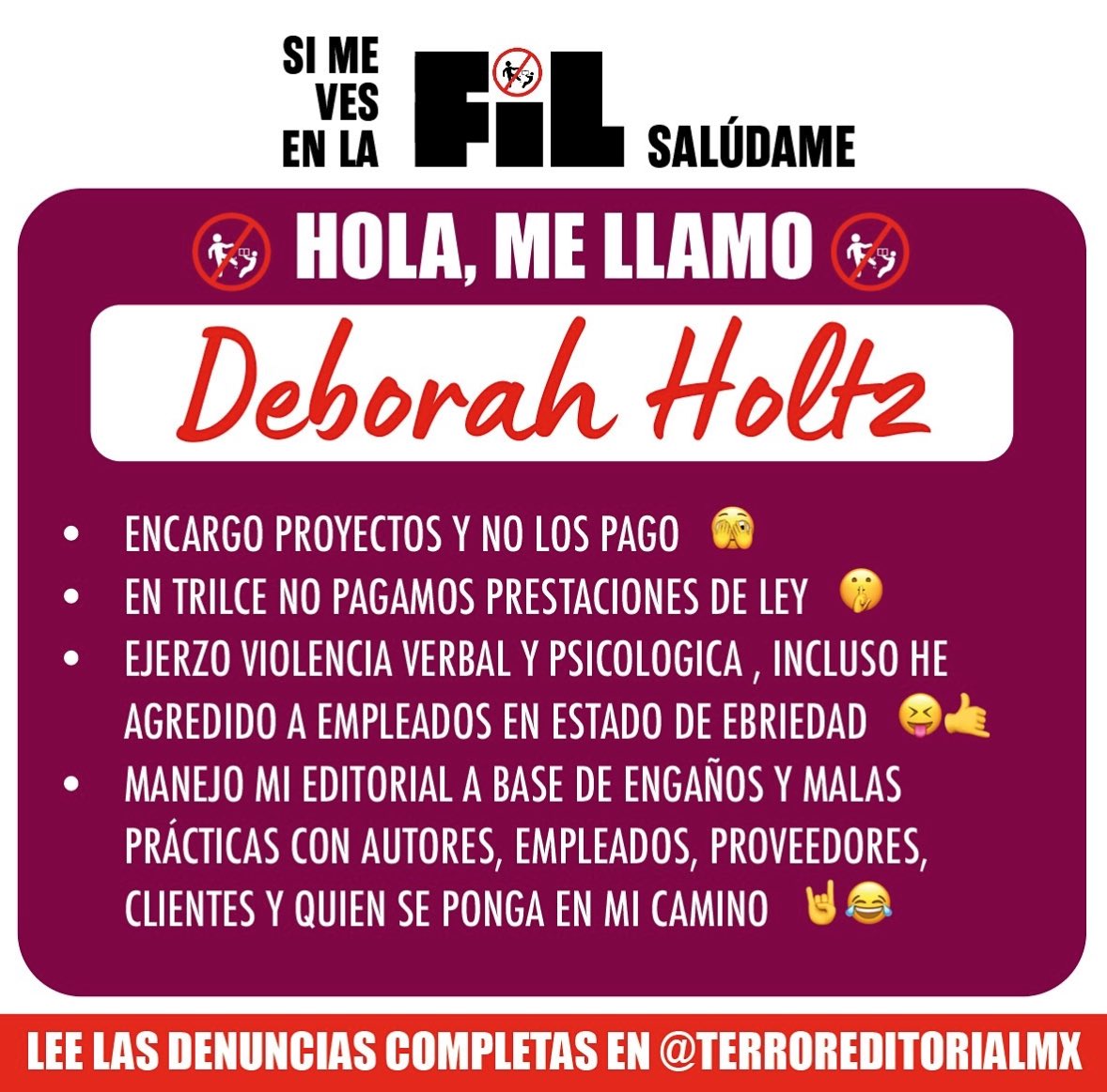 terroreditorial's tweet photo. Los pasillos de la FIL están llenos de los miembros platino de Terror Editorial. Y como estamos cansados de que sus empresas los encubran aquí te los presentamos. El día de hoy, la deudora #1 en los DM’s Deborah Holtz directora de @Trilcediciones 
Sin nosotros no hay FIL 🔥🤜🤛 https://t.co/590TY4mg1F