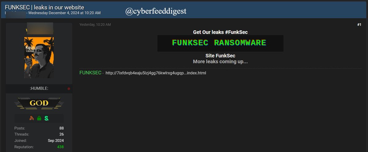 cyberfeeddigest's tweet image. New #Ransomware Alert on #Breachforums : #FUNKSEC Emerges

🚨 A member of #Breachforums on the #DarkWeb has announced the creation of a new ransomware group, FUNKSEC. The group claims to host leaks on their dedicated site.

🔗 Onion link:
👉…