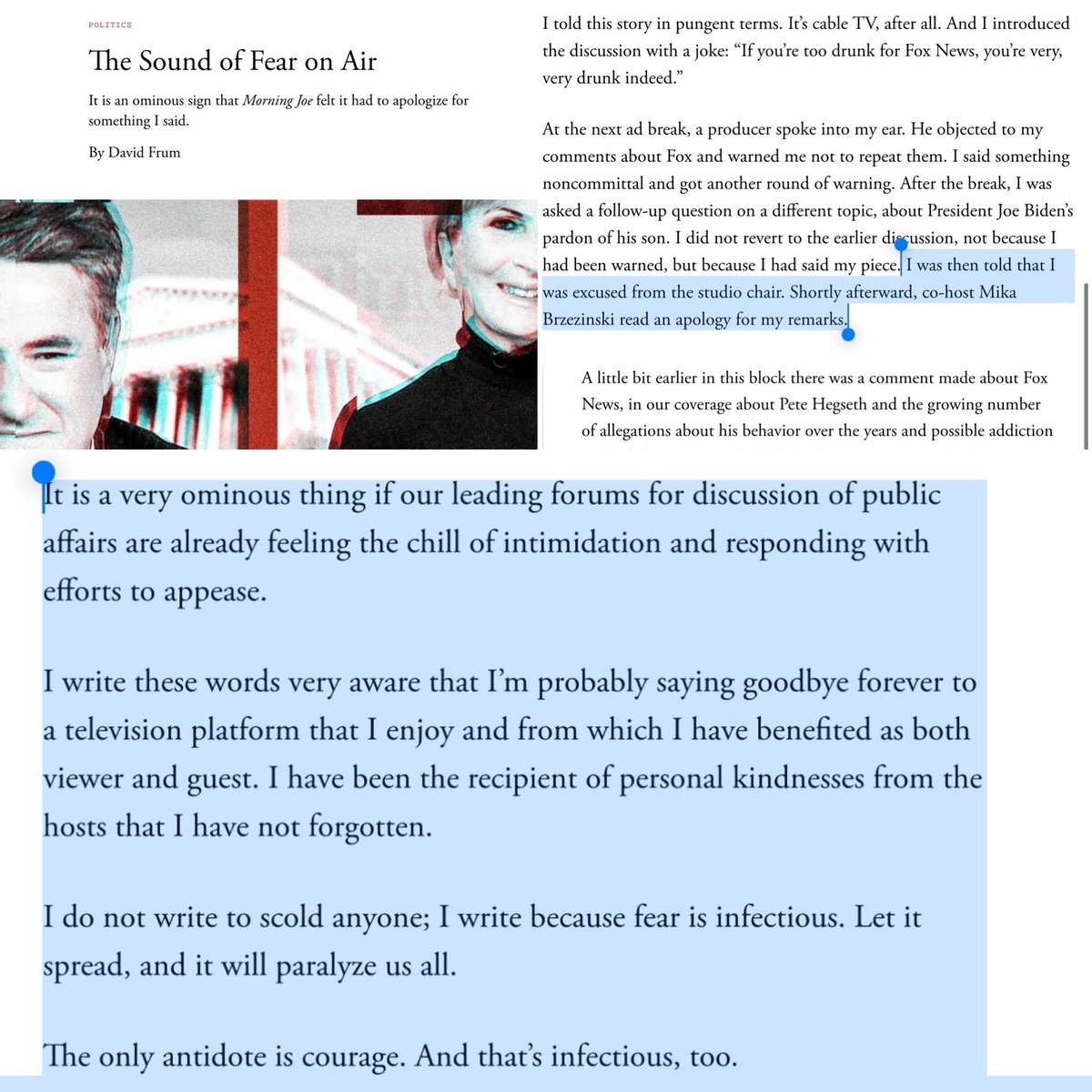 TheTNHoller's tweet photo. In The Atlantic, @davidfrum after being removed from @Morning_Joe for an offhand joke about Fox and Hegseth’s drinking: “It’s a very ominous thing if our leading public forums are already feeling the chill of intimidation… Courage is infectious too…”

https://t.co/wTyAY12AjQ https://t.co/Hvl1Xh4ZEV