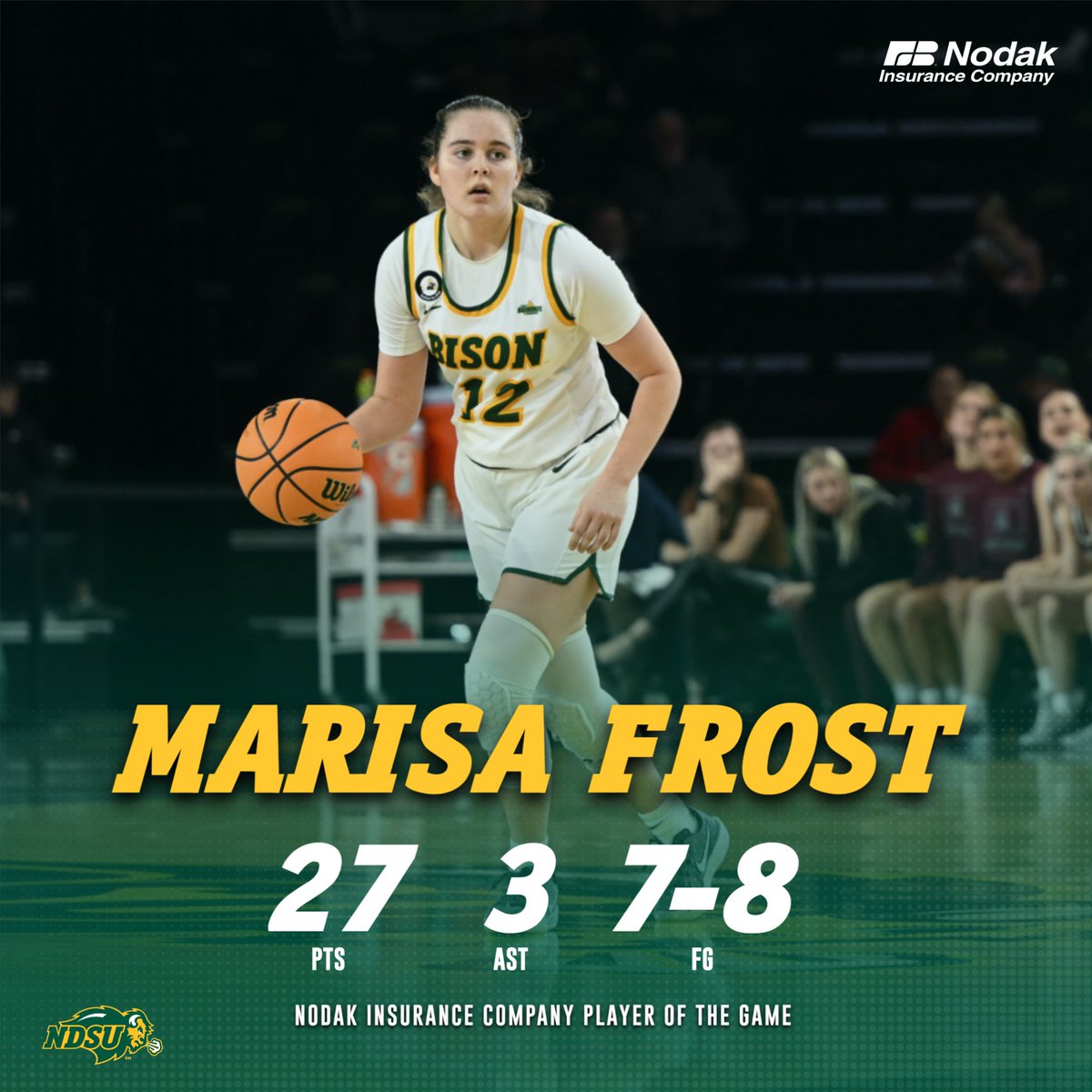 Breakout game for the young Bison.

<a href="/marisafrost2024/">Marisa Frost</a> tallied a career-high 27 points in the win over Montana and is the Nodak Insurance Company Player of the Game!