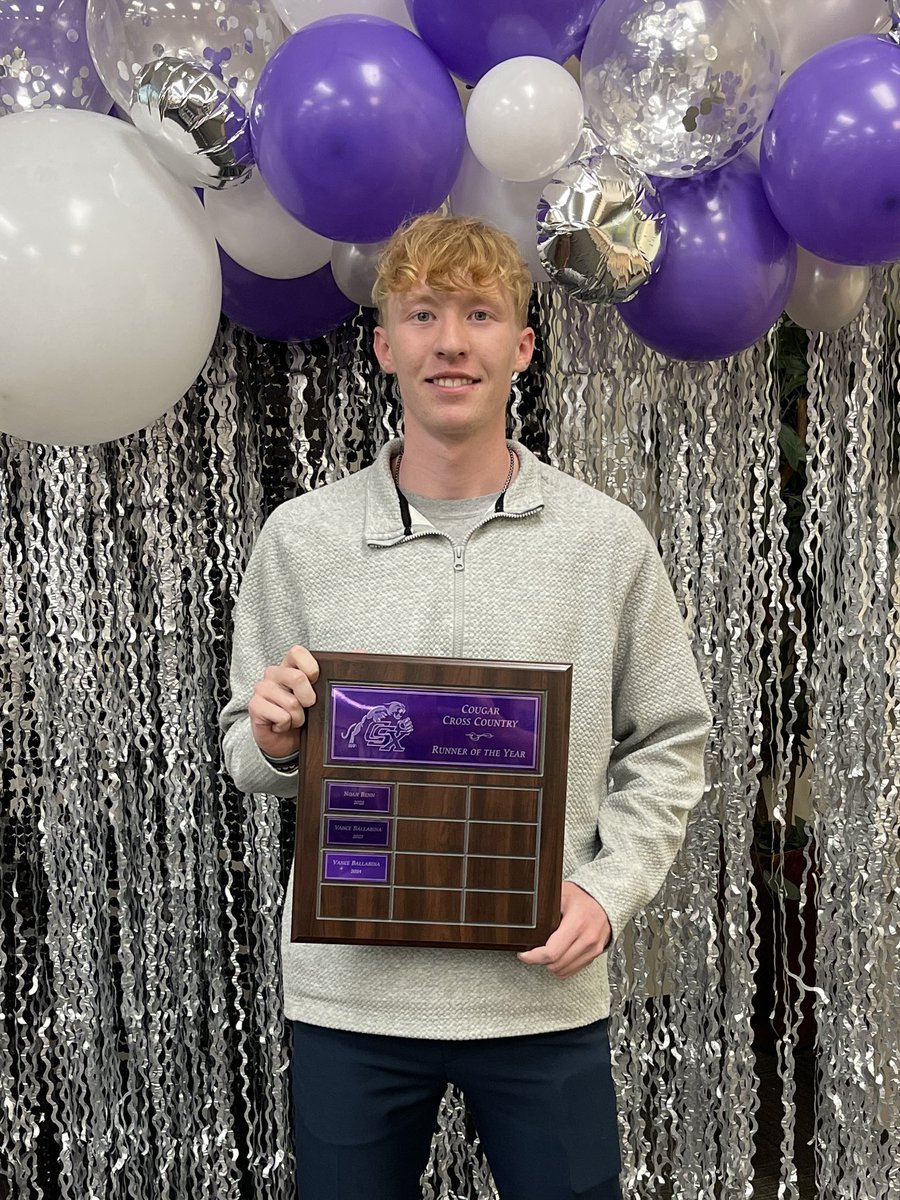 CSHS_Distance's tweet photo. Great night celebrating our season, our team award winners, and our seniors💜
🛡️Spartan COUGAR - Camilo Riano
🏃Runner of the Year - Vance Ballabina
📈Most Improved - Mikas Yohannes
🌟Newcomer of the Year - William Howard
#CougarDistanceFamily #CommitToGrit https://t.co/Me09Iq8M6c