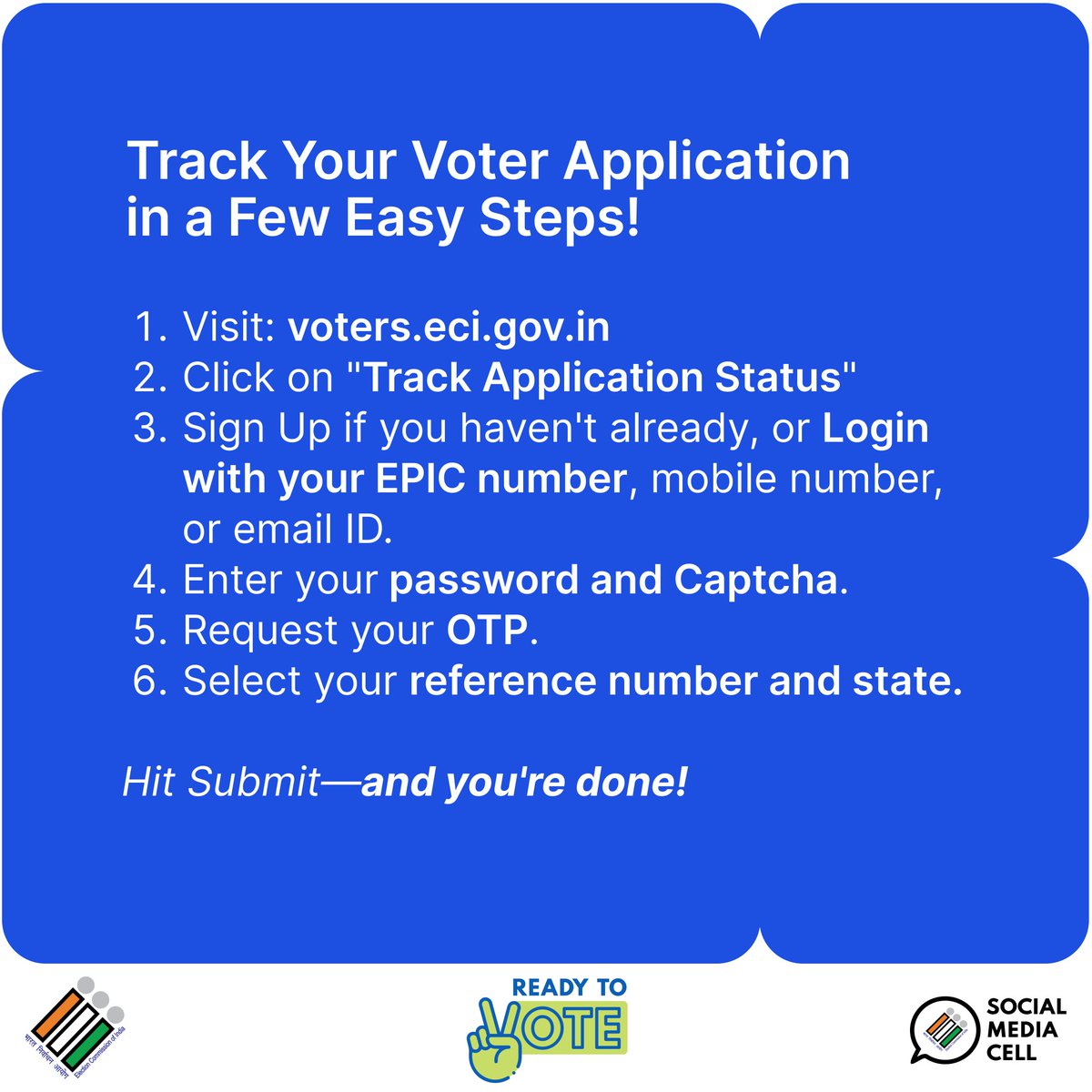 ECISVEEP's tweet photo. Application submitted? Stay in the loop! 📱 Track your application status and gear up to vote.
#ECI #TrackYourApplication #ReadyToVote #VoterId https://t.co/52ATte8vYs