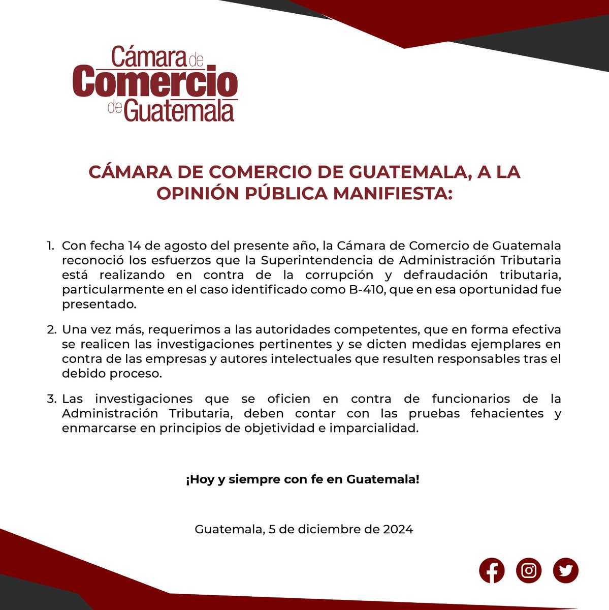 CamComercioGT's tweet photo. 📢 Cámara de Comercio de Guatemala, a la opinión pública manifiesta https://t.co/qyJIVDY0dV