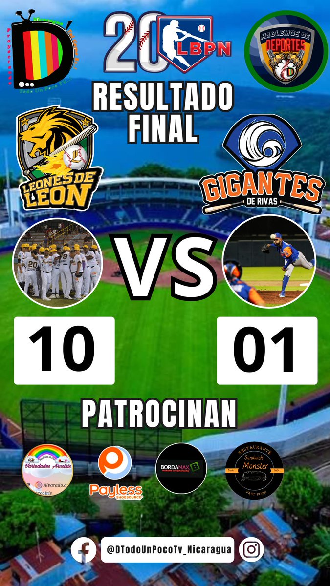 DTodoUnPoco_Tv's tweet photo. #DTodounPocoTv #HablemosdeDeportes Estuvimos en el encuentro entre #LeonesdeLeon 🆚 #GigantesdelRivas dónde los Leones🦁se llevó la victoria 🏆 10 a 01 desde el Estadio Yamil Ríos Ugarte Rivas 🏟️
.
📝@kathy_garache
.
📸 @Lester7Paiz
.
#LeonNicaragua #Leones #Gigantes #LBPN #Viral https://t.co/rYAwYGaRVm