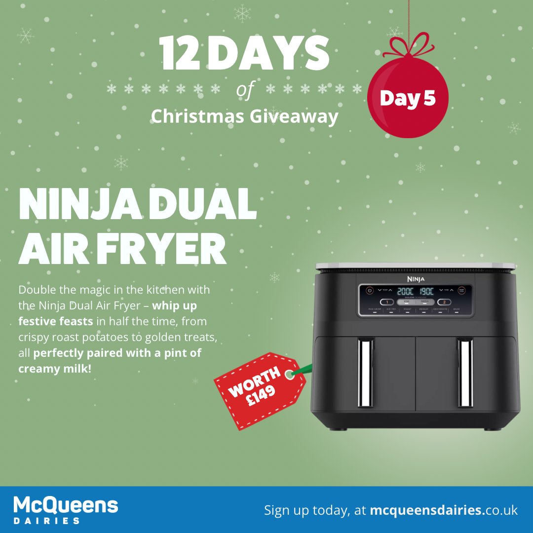 McQueens Dairies 🥛 (@dairiesmcqueens) on Twitter photo ✨12 Days Of Christmas Competition✨
🎅DAY 5 - Ninja Dual Air Fryer
HOW TO WIN:
🎁 Follow <a href="/DairiesMcqueens/">McQueens Dairies 🥛</a>
🎁 Like & Retweet
🎁 Tag a friend in the comments.
EXTRA ENTRIES are also available on our Instagram and Facebook page 🙌
#12daysofchristmas #giveaway ✨12 Days Of Christmas Competition✨
🎅DAY 5 - Ninja Dual Air Fryer
HOW TO WIN:
🎁 Follow <a href="/DairiesMcqueens/">McQueens Dairies 🥛</a>
🎁 Like & Retweet
🎁 Tag a friend in the comments.
EXTRA ENTRIES are also available on our Instagram and Facebook page 🙌
#12daysofchristmas #giveaway
