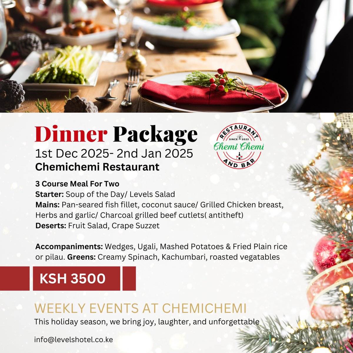 levelshotel's tweet image. 🎄✨ Welcome to the Festive Season at Levels Hotel Lavington! ✨🎄
Join us for a time of joy, delicious food, and unforgettable celebrations.
We’re here to make your holidays extra special! 🌟
#FestiveGreetings #CelebrateWithLevels #HolidayCheer #levelshotel #lavington