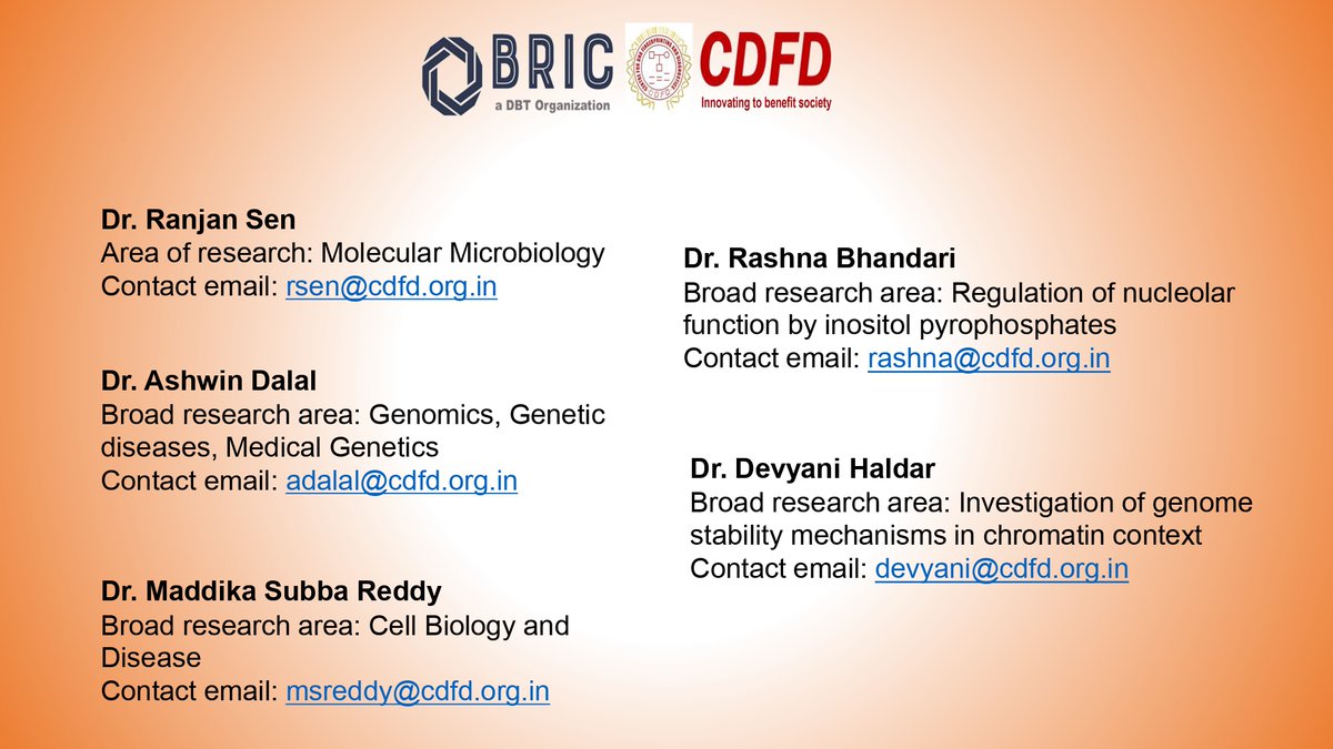 Applications invited for DBT-RA positions at BRIC-CDFD.
Eligibility: Ph.D. degree holder in Science, Engg. or M.D./ M.S. degree in any area of medicine with res. interests in Biotechnology &amp; Life Sciences with a good academic record. 
For  details: ra.dbtindia.gov.in