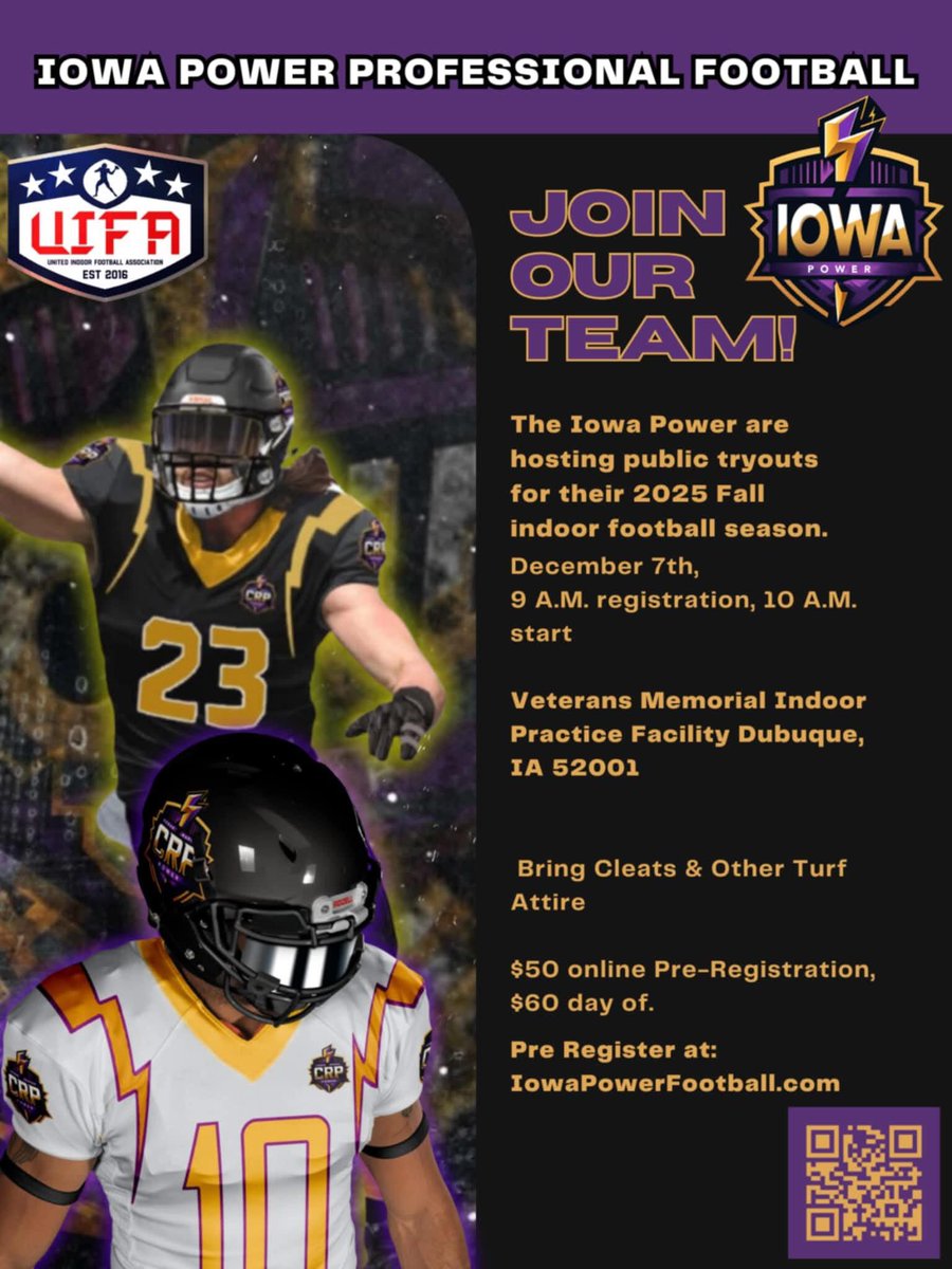 olerichgreg's tweet image. Tryout Alert: @IAPowerFootball is holding tryouts this weekend at the #VeteransMemorialIndoorPraticeFacility in Dubuque, Iowa. Head to iowapowerfootball.com to register.