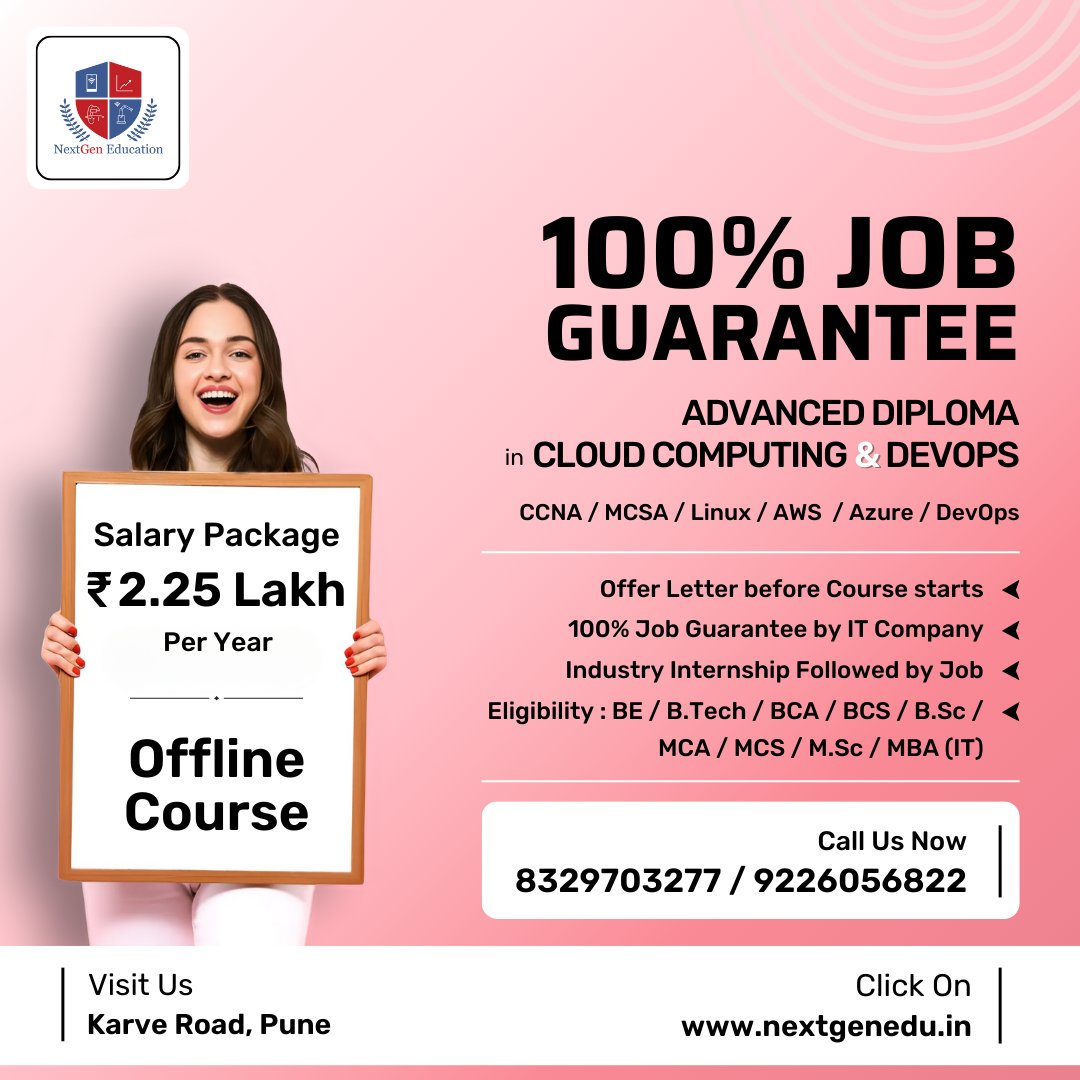NextGenEdu_Pune's tweet photo. 📝Enroll with the @NextGenEdu_Pune Cloud Computing Job Guarantee Program and get a Pre-placement Offer with a minimum CTC of 2.25 LPA.📞+91-78880 34000 #cloudcomputing #azure #aws #itcourse #ittraining #ittraininginstitute #jobguaranteecourses #nextgeneducation https://t.co/czg0PM2hDp