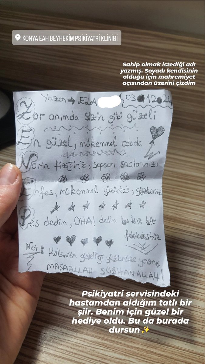 Psikiyatri servisindeki hastamdan aldığım tatlı bir şiir. Bu da burada dursun✨️