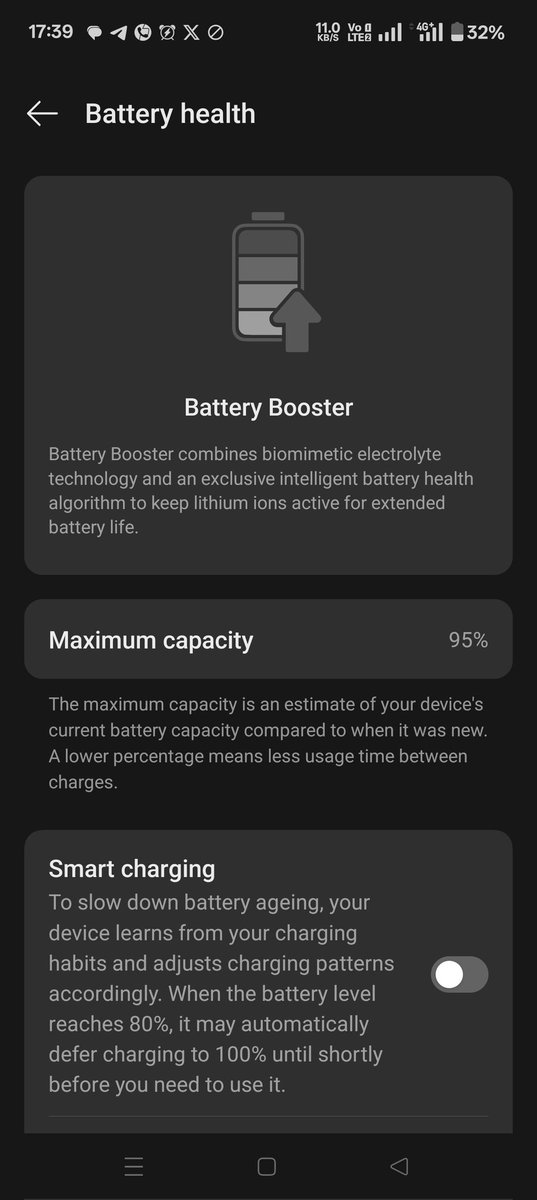 yabhishekhd's tweet photo. After 20 months, OnePlus 11R battery capacity has dropped to 95%. Despite setting the charging limit to 80% and charging the device 2-3 times a day.
#OnePlus11R #BatteryHealth #BatteryCapacity https://t.co/gJvtRCWB1Q