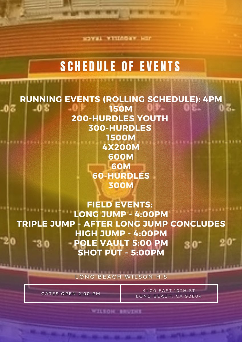 Get ready to Kickoff the track season in style! Join us for the 2nd annual Sunset Pre-Season Kickoff All-Comers meet on Saturday, December 7th, under the lights at Long Beach Wilson High School 🔥

Gates open at 2:00 pm! Events starts at 4:00 pm  4400 E 10th St Long Beach 90804