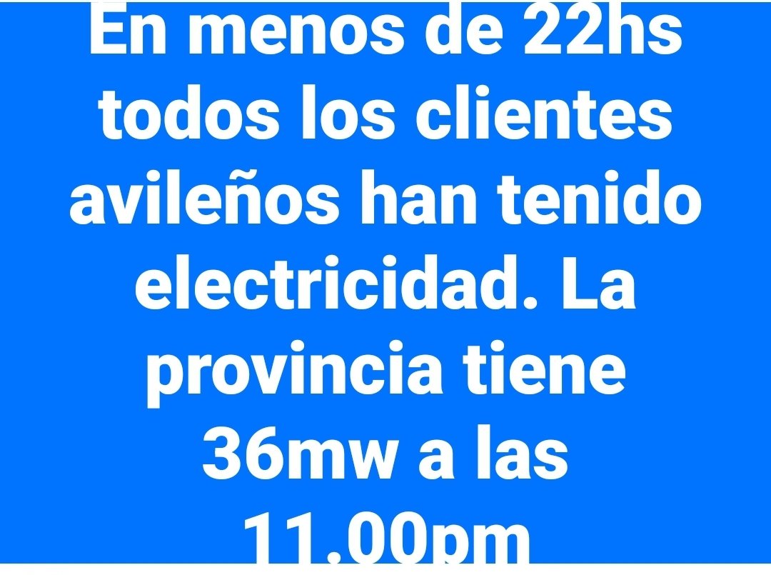 En menos de 22hs todos los clientes avileños han tenido electricidad. La provincia tiene 36mw a las 11:00pm. #LatirAvileño #SinPerderUnDía <a href="/DiazCanelB/">Miguel Díaz-Canel Bermúdez</a> <a href="/DrRobertoMOjeda/">Dr. Roberto Morales Ojeda</a> <a href="/PartidoPCC/">Partido Comunista de Cuba</a> <a href="/AlfreMene37409/">Alfre Menendez</a>