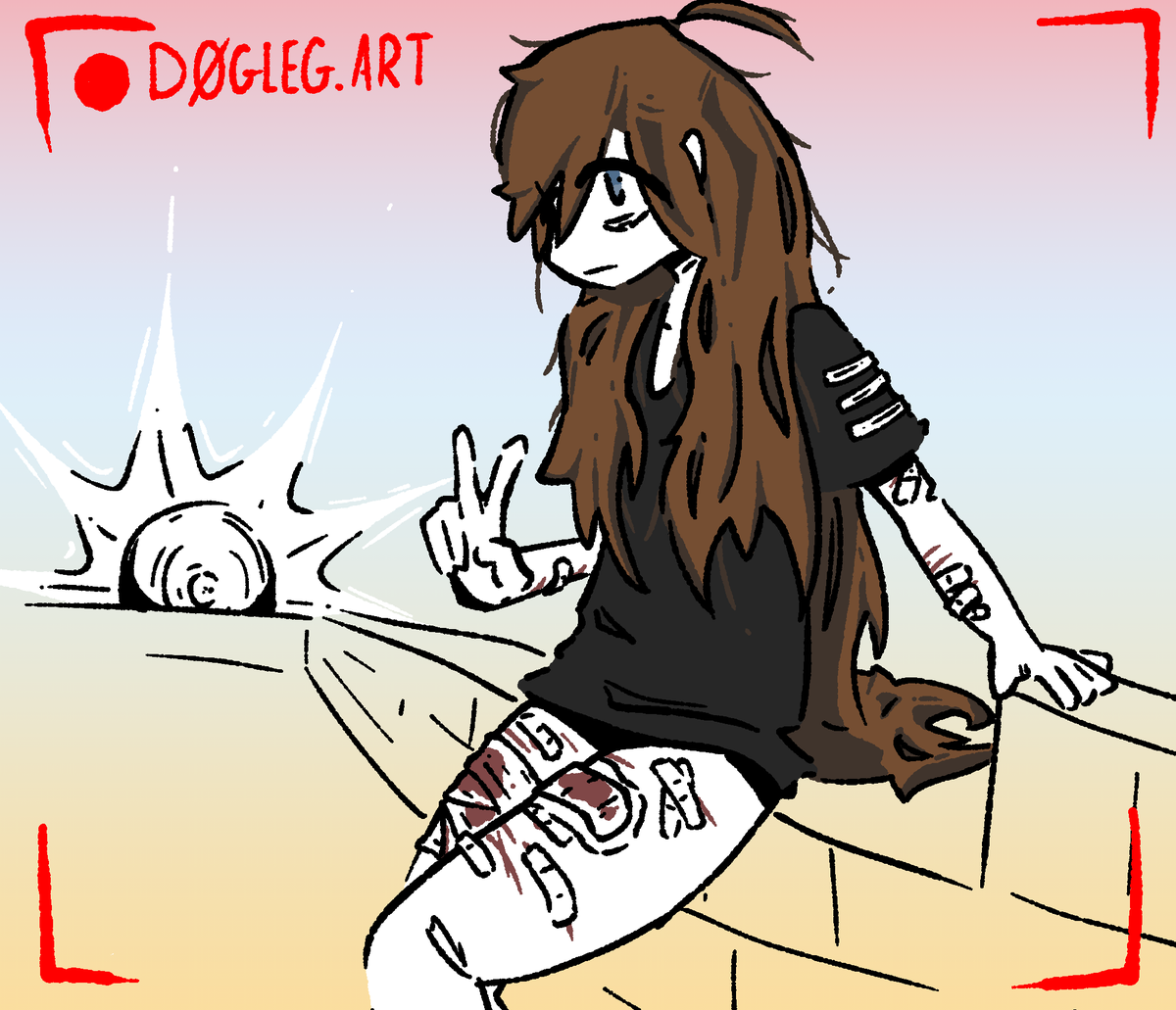 A girl with long brown hair and a black t-shirt sits on a small brick wall and pulls a peace-sign to the viewer, in front of an ominous looking sun in the background. She has a number of bandages and scars on her arms and legs.