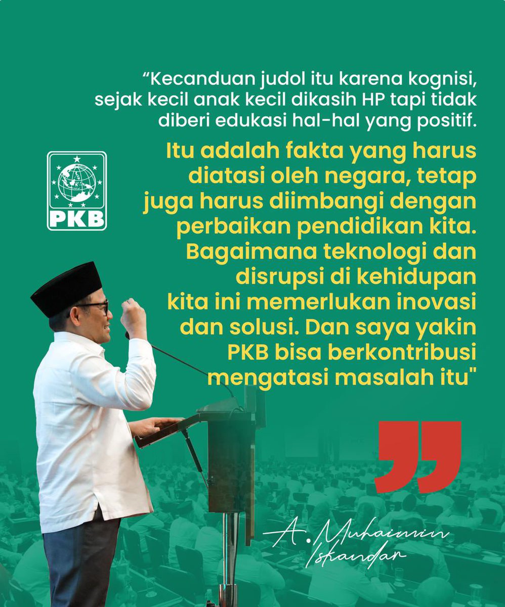 Judi online itu jebakan digital! 🛑 Yuk perbaiki pendidikan, perketat regulasi, dan arahkan anak-anak ke hal positif. 
Bersama PKB, kita bisa lawan ini! 💪  

#StopJudiOnline #PKBSolusiBangsa