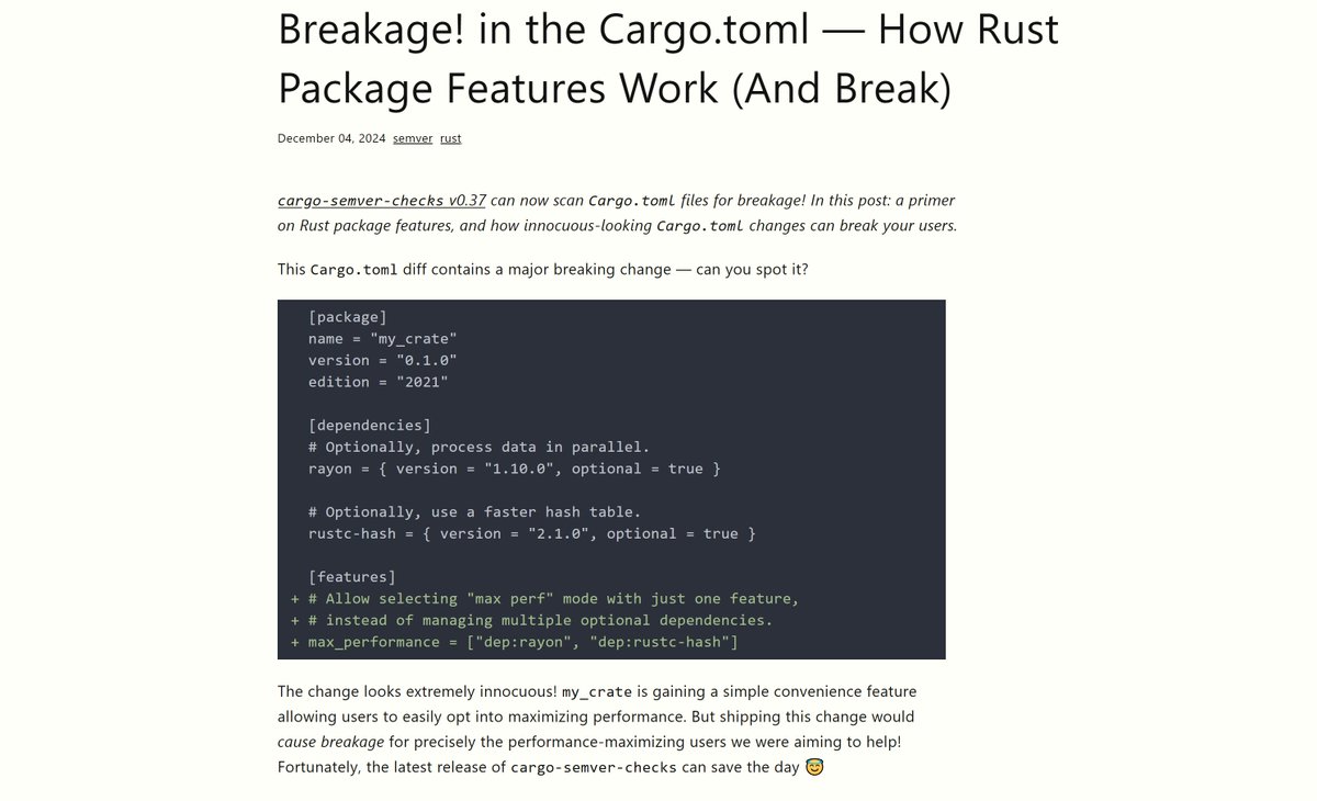 In #rustlang, Cargo.toml changes that seem innocuous can break your users!

As of today, cargo-semver-checks has you covered 😇 Here's how 👇