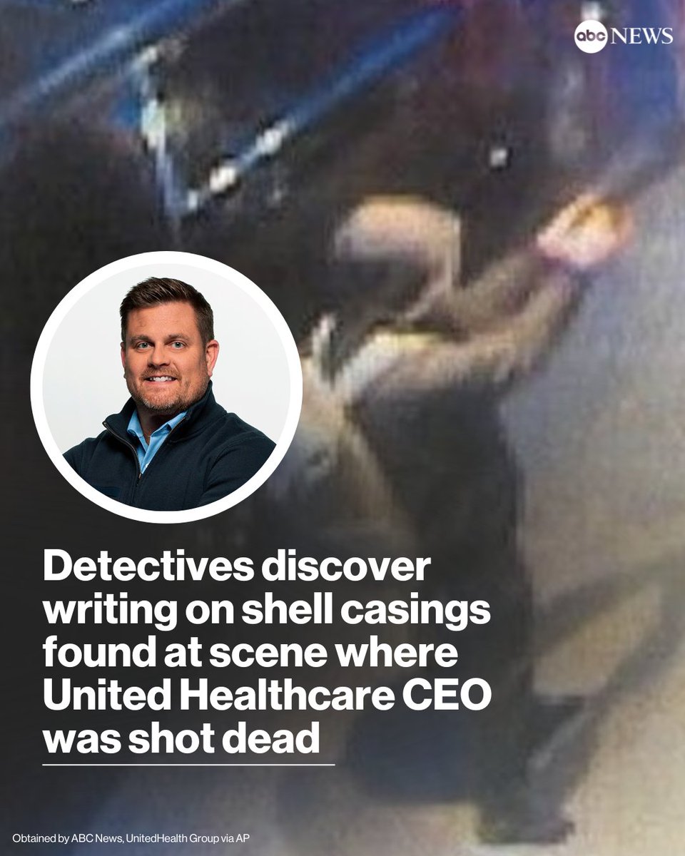 JUST IN: NYPD detectives discover words "deny," "defend" and "depose" written on shell casings found at the scene where the United Healthcare CEO Brian Thompson was killed, police say.

Read more: abcnews.link/NKdJMnq