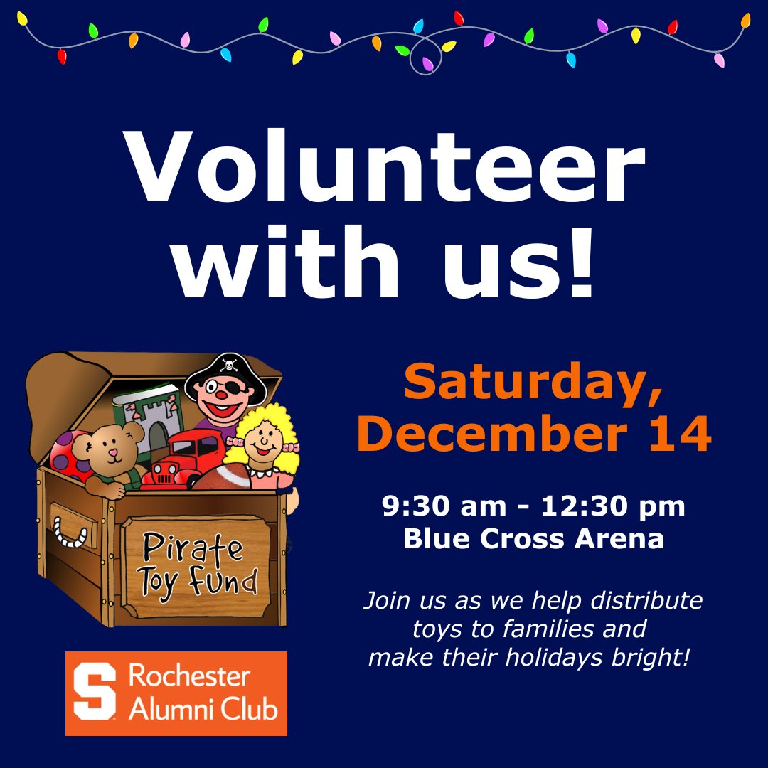 RocOrange's tweet photo. It’s time for one of our favorite events of the year—the Pirate Toy Fund’s annual toy giveaway. Join us Saturday, Dec. 14 as we help make the holiday season brighter for kids and families in the Rochester area as volunteers.

More info &amp; register here: https://t.co/ZFMV85uvzs https://t.co/7ylMBJjVhP
