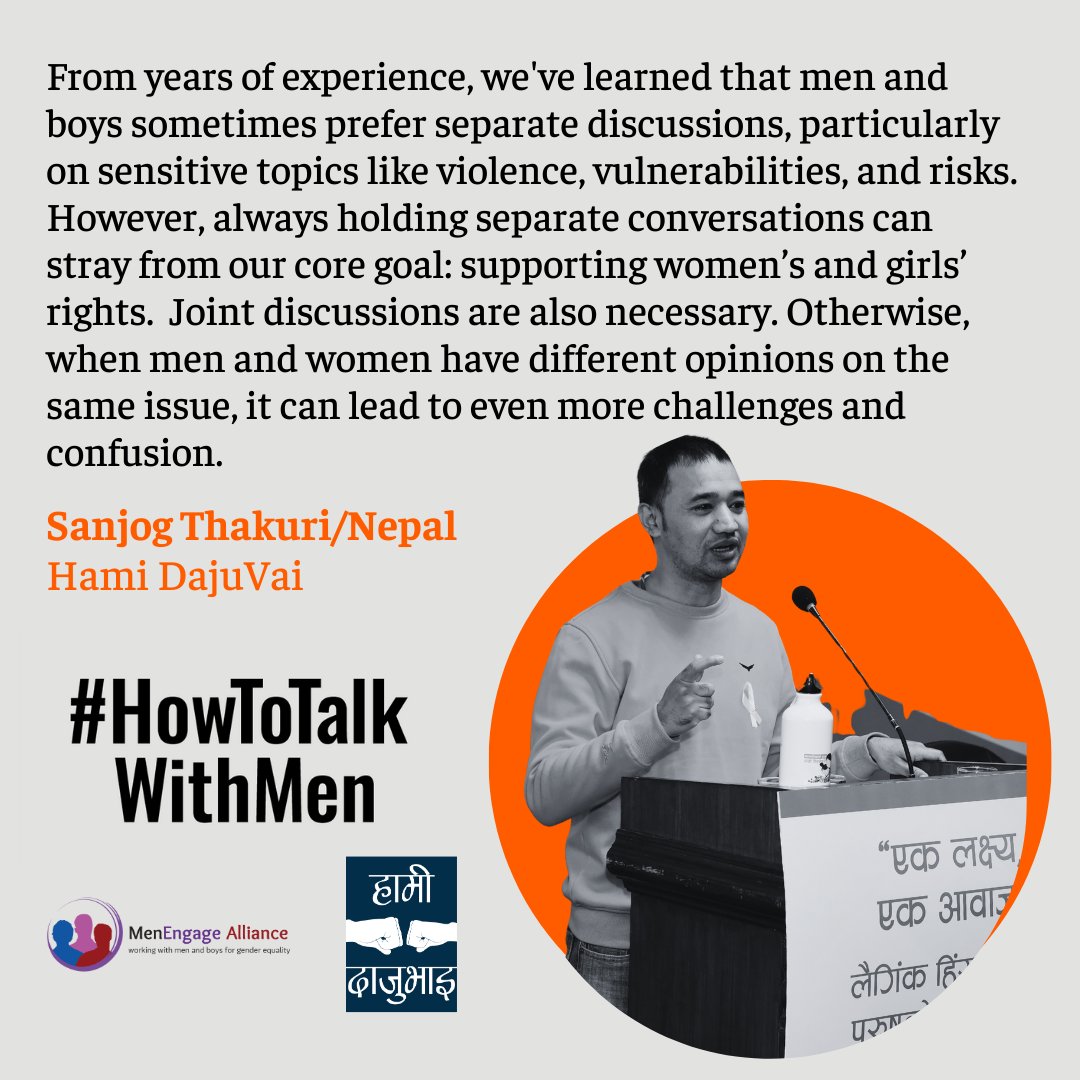 MenEngage Alliance (@menengage) on Twitter photo ❓ Separate or joint discussions?
Sanjog Thakuri from <a href="/DajjuVai/">Hami DajuVai</a> shares insights on #HowToTalkWithMen:
⚖️ Separate settings provide a comfortable space for men & boys to share freely. However, joint conversations are needed to advance our core purpose: gender equality. ❓ Separate or joint discussions?
Sanjog Thakuri from <a href="/DajjuVai/">Hami DajuVai</a> shares insights on #HowToTalkWithMen:
⚖️ Separate settings provide a comfortable space for men & boys to share freely. However, joint conversations are needed to advance our core purpose: gender equality.
