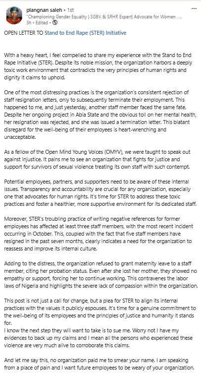 It’s sad to see organisations like <a href="/StandtoEndRape/">S.T.E.R Initiative</a>  that claim to fight against injustice being the perpetrators of same! And this isn’t the first call out of this organisation. So proud of <a href="/Gweinevera/">plangnan saleh</a> for having the courage to do this! #toxicbosses

linkedin.com/posts/plangnan…