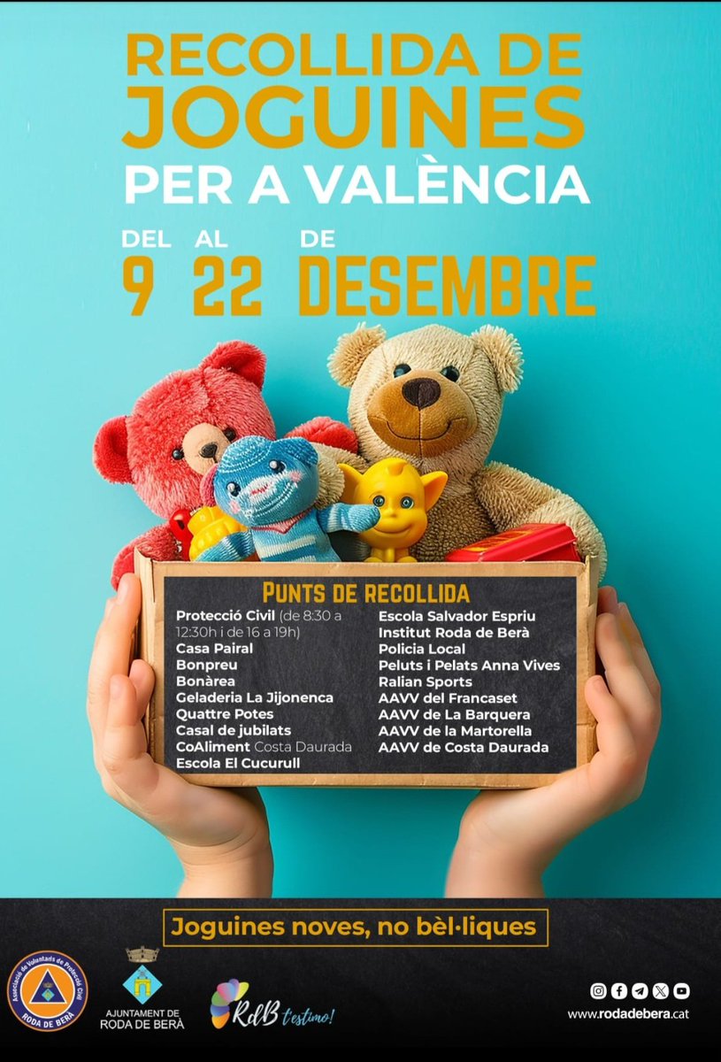 ElFrancRoig's tweet photo. L'AAVV del Francaset - El Mas Roig col.labora amb @RodaAVPC per la recollida de joguines noves i no bèliques per portar a Valencia.  Estarem diumenge 15 de 11h a 14 h al local de l'Associació al parc del Francaset. https://t.co/mxXSwXhhna