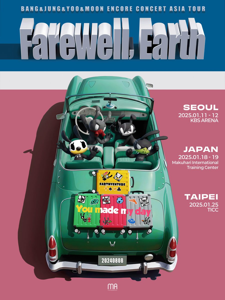 2024 ENCORE CONCERT [Farewell, Earth] ASIA TOUR

✨SEOUL
📅2025.01.11(SAT) / 2025.01.12(SUN)
📍KBS ARENA

✨JAPAN
📅2025.01.18(SAT) / 2025.01.19(SUN)
📍Makuhari International Training Center

✨TAIPEI
📅2025.01.25(SAT)
📍TICC

#BANG_JUNG_YOO_MOON
#방용국 #정대현 #유영재 #문종업