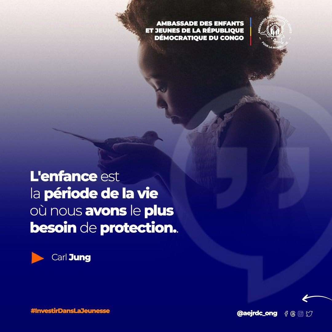 ONG_AEJRDC's tweet photo. 🤲🏻 L'enfance est la période de la vie où nous avons le plus besoin de protection. 

— Carl Jung 

#citation #enfance #protectiondesenfants #humanitaire #défensedesdroits #engagement #jeunessecongolaise #ambassade #Kinshasa #rdc #aejrdc https://t.co/7ftugP08CX