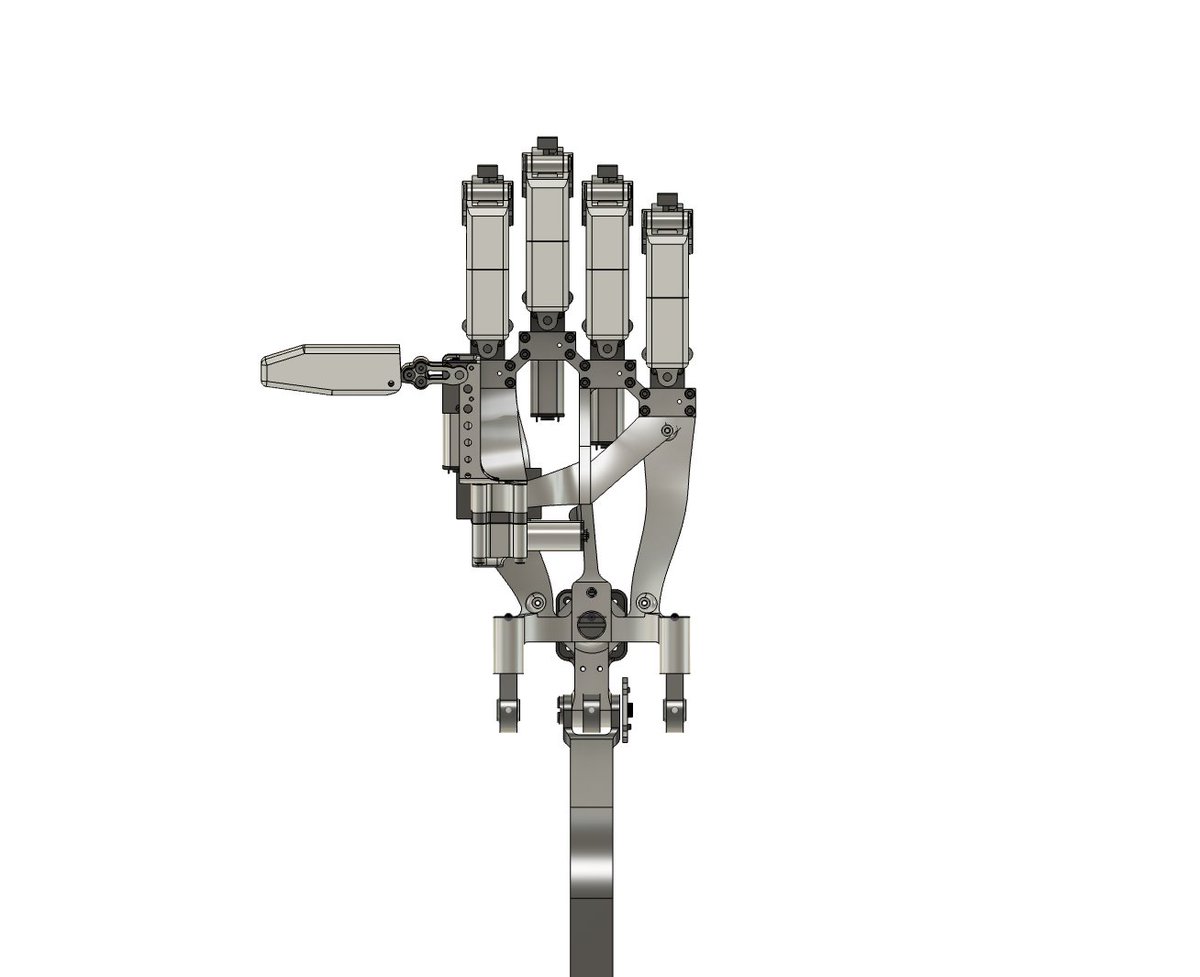 kiranmathew_k's tweet photo. From our archives - A hand design we made a few months ago with 10 motors per hand, 2 per finger for curling and lateral movement. Linkage mechanism to curl 2 joints using one motor.
Not back-drivable though. https://t.co/rLc3KOFfeC