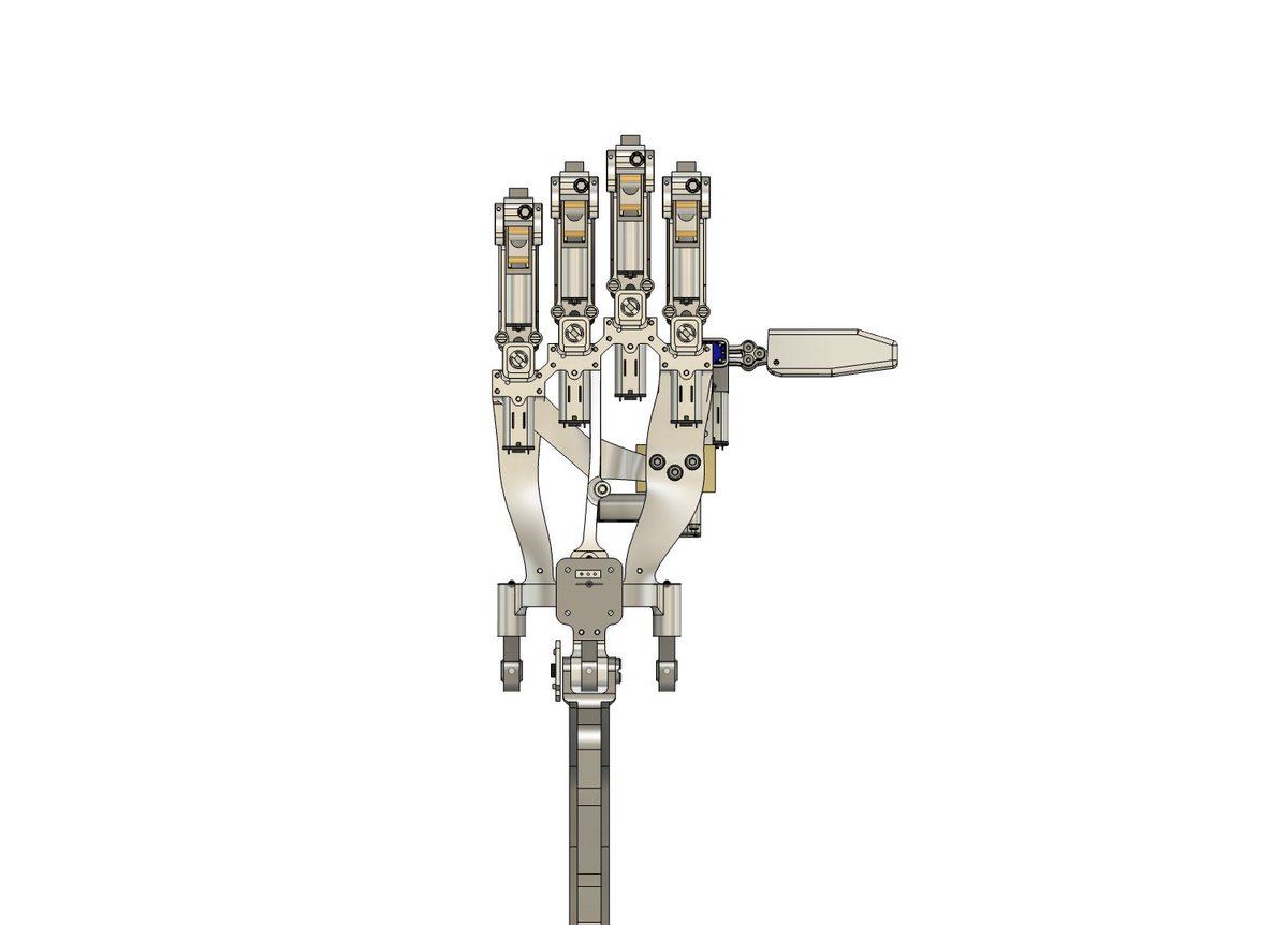 kiranmathew_k's tweet photo. From our archives - A hand design we made a few months ago with 10 motors per hand, 2 per finger for curling and lateral movement. Linkage mechanism to curl 2 joints using one motor.
Not back-drivable though. https://t.co/rLc3KOFfeC