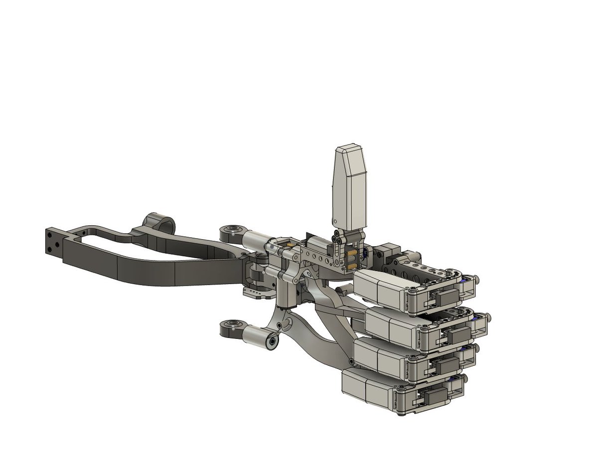 kiranmathew_k's tweet photo. From our archives - A hand design we made a few months ago with 10 motors per hand, 2 per finger for curling and lateral movement. Linkage mechanism to curl 2 joints using one motor.
Not back-drivable though. https://t.co/rLc3KOFfeC