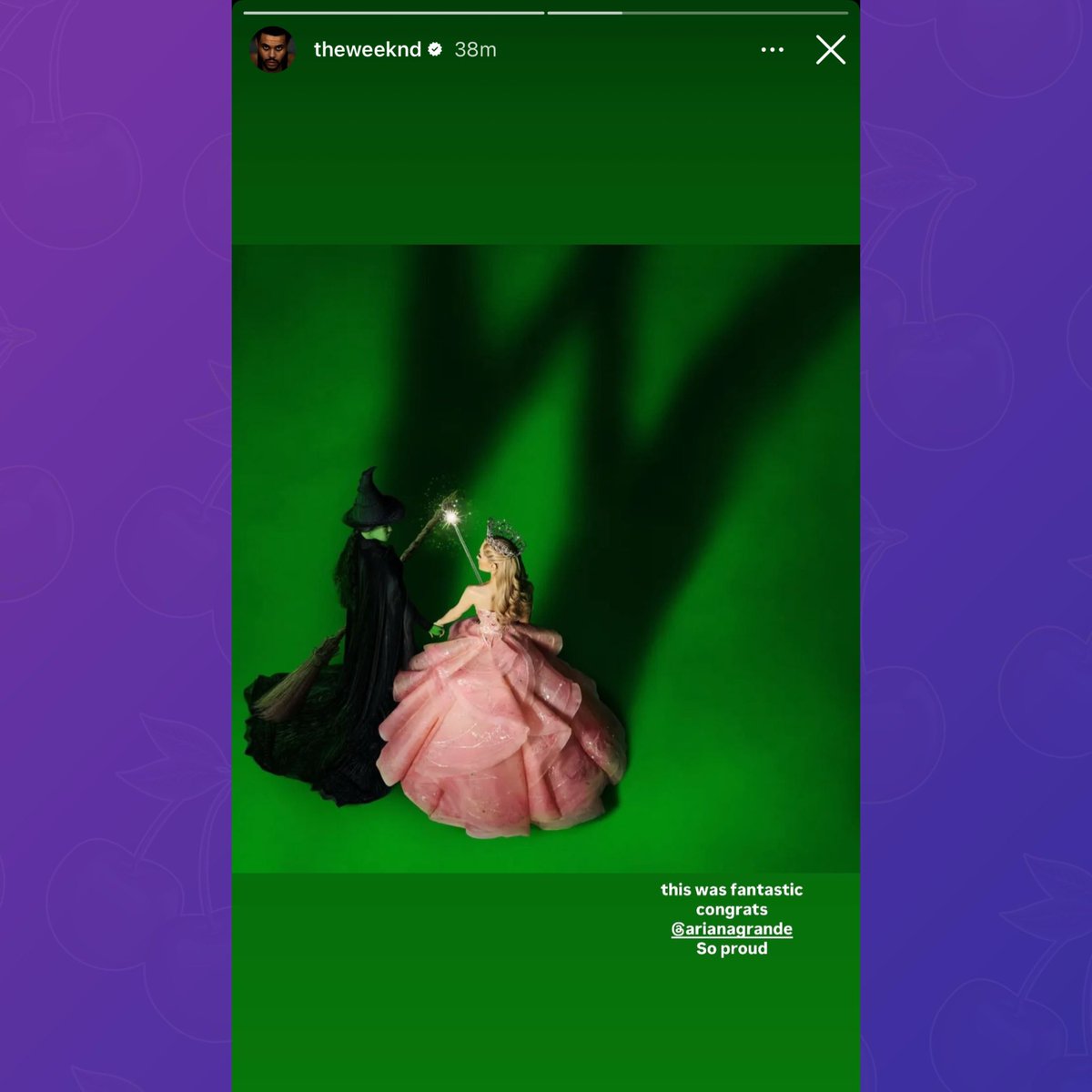 The Weeknd reveals he watched ‘Wicked’ in new Instagram story:

“this was fantastic congrats @arianagrande so proud”