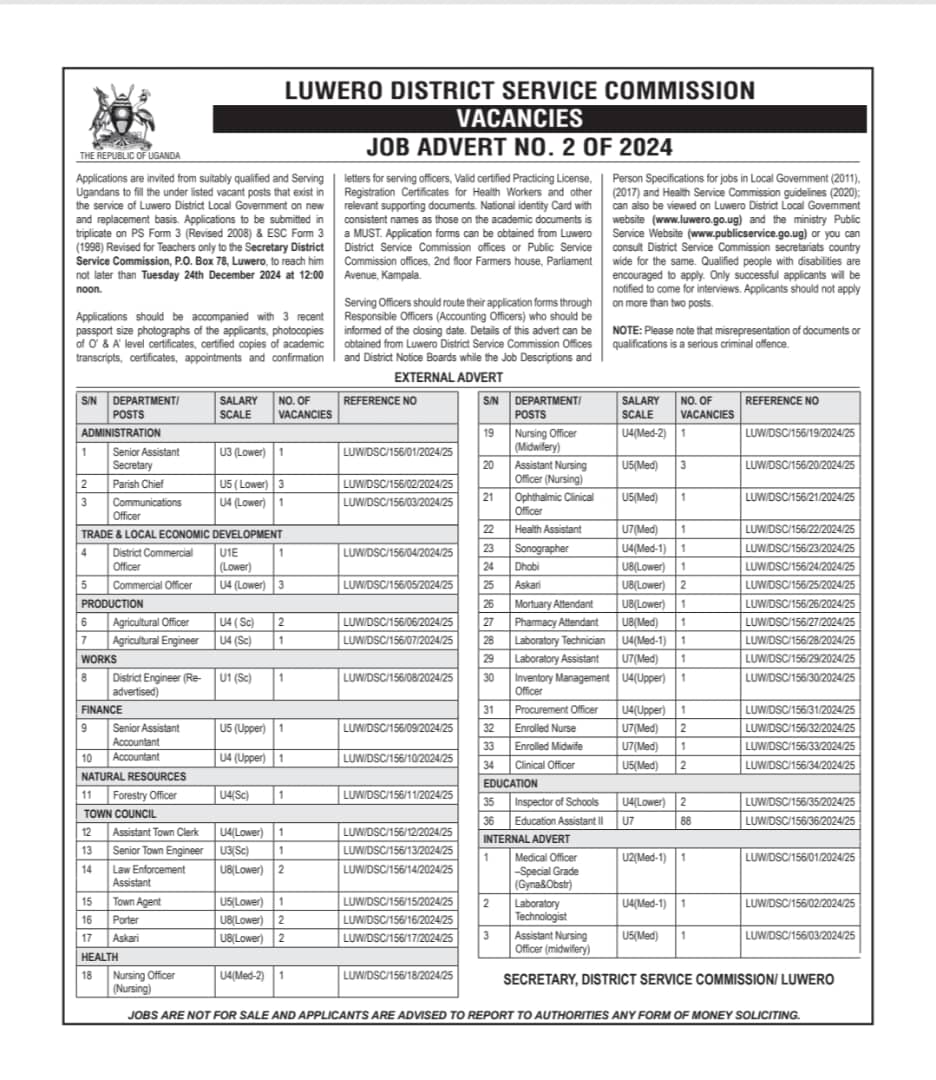 Luwero district Local Government (@luwerodistrict) on Twitter photo Jobs Advertisement:
Deadline for submission 24/12/2024.
<a href="/abbey_walusimbi/">Amb. Abbey Walusimbi</a> <a href="/FirstAfrican_/">Kintu M.A</a> <a href="/NRMOnline/">NRM Party</a> <a href="/Luwero_Rwenzori/">Hon Alice Kaboyo</a> <a href="/BulemeeziTv94/">Bulemeezi Tv Online</a> <a href="/SsazaBulemeezi/">Ssaza Bulemeezi</a> <a href="/BulemeeziFC/">BULEMEEZI SSAZA FC</a> <a href="/YYM256/">Yellow Youth Movement</a> @BalaamAteenyiDr <a href="/DrMuyingo/">Dr Chrysostom Muyingo</a> <a href="/Arthuronen/">Abigaba Arthur</a> <a href="/JBNyamate/">Nyamate</a> <a href="/kambugu_y/">Kambugu Yusuf Sr. 🇺🇬</a> <a href="/ibrahim_manzill/">ENG.IBRAHIM MANZIL LATIF</a> <a href="/BLuwaga/">BRIAN LUWAGA</a> <a href="/AsabaAwebwaEB/">Beth Asaba Awebwa</a> Jobs Advertisement:
Deadline for submission 24/12/2024.
<a href="/abbey_walusimbi/">Amb. Abbey Walusimbi</a> <a href="/FirstAfrican_/">Kintu M.A</a> <a href="/NRMOnline/">NRM Party</a> <a href="/Luwero_Rwenzori/">Hon Alice Kaboyo</a> <a href="/BulemeeziTv94/">Bulemeezi Tv Online</a> <a href="/SsazaBulemeezi/">Ssaza Bulemeezi</a> <a href="/BulemeeziFC/">BULEMEEZI SSAZA FC</a> <a href="/YYM256/">Yellow Youth Movement</a> @BalaamAteenyiDr <a href="/DrMuyingo/">Dr Chrysostom Muyingo</a> <a href="/Arthuronen/">Abigaba Arthur</a> <a href="/JBNyamate/">Nyamate</a> <a href="/kambugu_y/">Kambugu Yusuf Sr. 🇺🇬</a> <a href="/ibrahim_manzill/">ENG.IBRAHIM MANZIL LATIF</a> <a href="/BLuwaga/">BRIAN LUWAGA</a> <a href="/AsabaAwebwaEB/">Beth Asaba Awebwa</a>