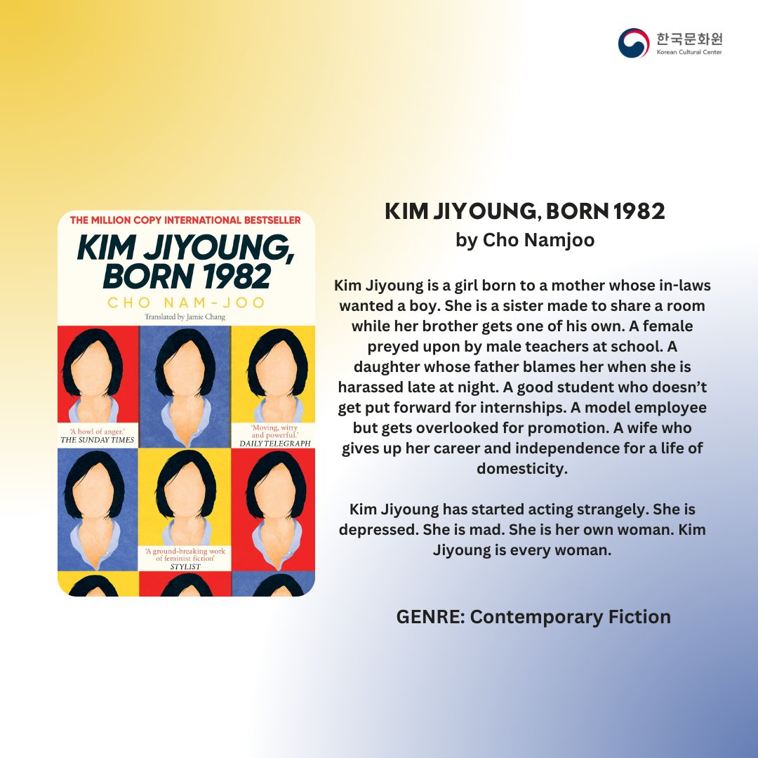 KCCPHIL's tweet photo. Book of the Month! 👀
Kim Jiyong, Born 1982 by Cho Nam Joo is this month's read! Witness Kim Jiyoung's empowering journey as becomes a women of her own. 👩
#KCCBookClub #KCCLibrary #KCCPhil #KoreanCulturePH https://t.co/BmxXk8lisx