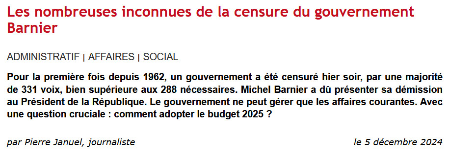[accès libre] Les nombreuses inconnues de la censure du gouvernement Barnier
Pour <a href="/Dalloz/">Editions Dalloz</a>, je reviens sur les multiples questions posées par la situation actuelle. Et notamment : comment adopter le budget 2025 ? dalloz-actualite.fr/flash/nombreus…