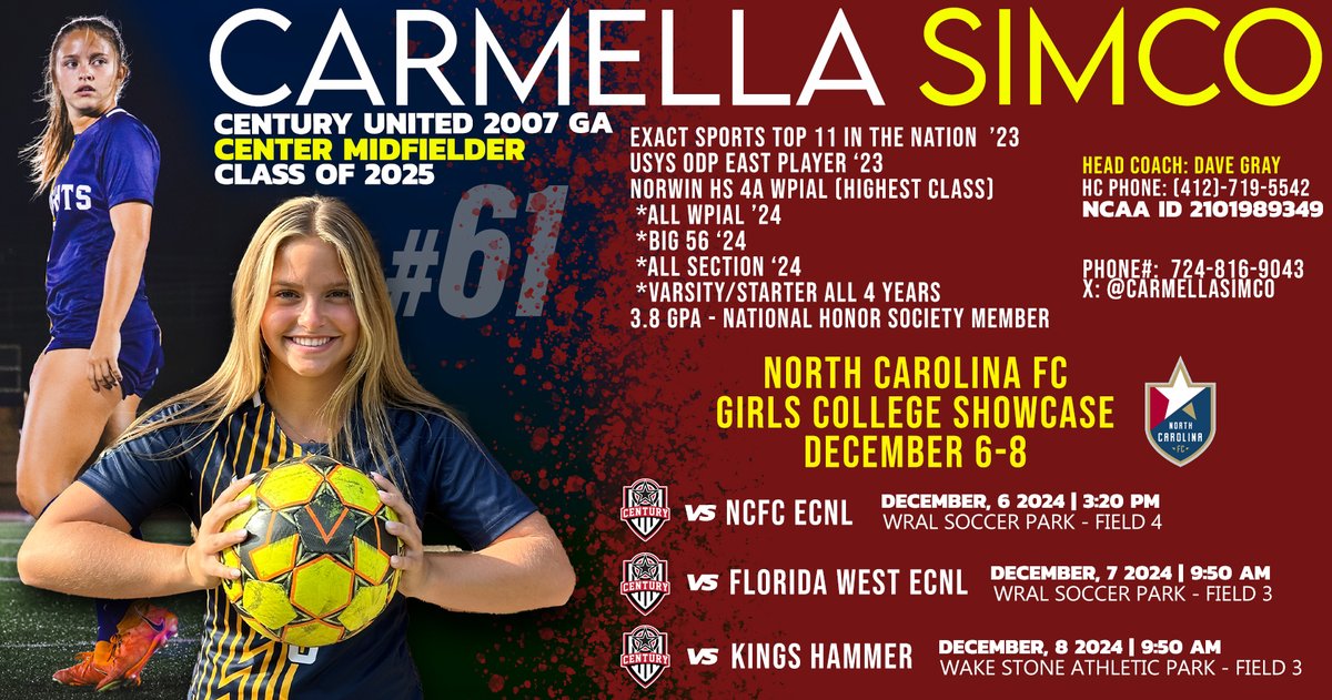 Catch my team and I in North Carolina for the NCFC Winter showcase this weekend! 

<a href="/TheSoccerWire/">SoccerWire</a> <a href="/PrepSoccer/">Prep Soccer ⚽️</a> <a href="/TopDrawerSoccer/">TopDrawerSoccer</a>
<a href="/ImYouthSoccer/">ECNL/GA/Recruiting/College Soccer</a> <a href="/ImCollegeSoccer/">College Soccer Truth ™</a> <a href="/Century_Utd/">Century United</a>
<a href="/Century07G/">Century07GA</a> <a href="/GAcademyLeague/">Girls Academy</a>
