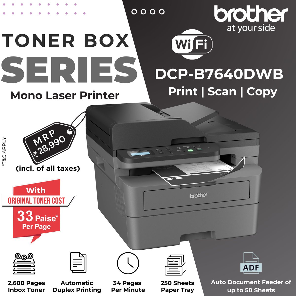 brotherindia's tweet photo. Power Up Your Productivity: Precision Printing, Built for Business.

Brother DCP-B7640DWB, a powerhouse designed to streamline your workflow!

#Print #Scan #Copy #AllInOne #Multifunction #WIFI #ADF #Duplex #TonerBox #Printer #BrotherIndia #AtYourSide https://t.co/9F2lq7UigJ
