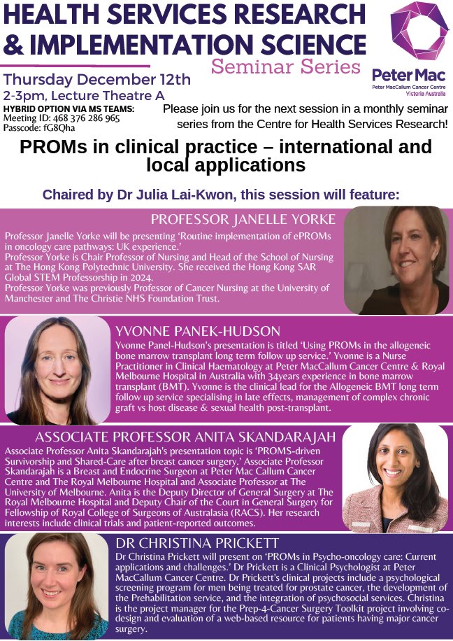 Dr Julia Lai-Kwon (@julialaikwon) on Twitter photo Interested in using patient reported outcomes #PROs in clinical practice?
Join us for a free seminar on #PROs in clinical practice featuring a stellar line up of local and international experts hosted by <a href="/PeterMacHSR/">Peter Mac Health Services Research</a>
π
Thurs 12/12
β²οΈ 2-3pm
π In person or Teams
See you there! Interested in using patient reported outcomes #PROs in clinical practice?
Join us for a free seminar on #PROs in clinical practice featuring a stellar line up of local and international experts hosted by <a href="/PeterMacHSR/">Peter Mac Health Services Research</a>
π
Thurs 12/12
β²οΈ 2-3pm
π In person or Teams
See you there!